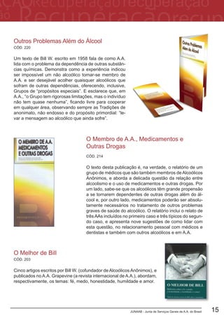 JUNAAB - Junta de Serviços Gerais de A.A. do Brasil 15
O Membro de A.A., Medicamentos e
Outras Drogas
O texto desta publicação é, na verdade, o relatório de um
grupo de médicos que são também membros de Alcoólicos
Anônimos, e aborda a delicada questão da relação entre
alcoolismo e o uso de medicamentos e outras drogas. Por
um lado, sabe-se que os alcoólicos têm grande propensão
a se tornarem dependentes de outras drogas além do ál-
cool e, por outro lado, medicamentos poderão ser absolu-
tamente necessários no tratamento de outros problemas
graves de saúde do alcoólico. O relatório inclui o relato de
três AAs incluídos no primeiro caso e três típicos do segun-
do caso, e apresenta nove sugestões de como lidar com
esta questão, no relacionamento pessoal com médicos e
dentistas e também com outros alcoólicos e em A.A.
CÓD. 214
Outros Problemas Além do Álcool
Um texto de Bill W. escrito em 1958 fala de como A.A.
lida com o problema da dependência de outras substân-
cias químicas. Demonstra como a experiência indicou
ser impossível um não alcoólico tornar-se membro de
A.A. e ser desejável acolher quaisquer alcoólicos que
sofram de outras dependências, oferecendo, inclusive,
Grupos de “propósitos especiais”. E esclarece que, em
A.A., “o Grupo tem rigorosas limitações, mas o indivíduo
não tem quase nenhuma”, ficando livre para cooperar
em qualquer área, observando sempre as Tradições de
anonimato, não endosso e do propósito primordial: “le-
var a mensagem ao alcoólico que ainda sofre”.
CÓD. 220
Cinco artigos escritos por Bill W. (cofundador de Alcoólicos Anônimos), e
publicados no A.A. Grapevine (a revista internacional de A.A.), abordam,
respectivamente, os temas: fé, medo, honestidade, humildade e amor.
O Melhor de Bill
CÓD. 203
 