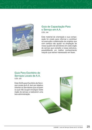 JUNAAB - Junta de Serviços Gerais de A.A. do Brasil 25
Guia Para Escritório de
Serviços Locais de A.A.
Esta GUIA para Escritório de Servi-
ços Locais de A.A. tem por objetivo
orientar os Servidores que ocupam
ou que irão ocupar encargos neste
órgão de serviço a realizarem uma
boa administração.
CÓD. 250
Guia de Capacitação Para
o Serviço em A.A.
Este material de orientação e sua compo-
sição foi criado para informar e contribuir
na execução e elaboração de projetos que
com certeza irão ajudar na ampliação de
nosso quadro de servidores em cada orgão
de serviço que compõe a nossa estrutura,
possibilitando um melhor conhecimento
naquilo que estiver interessado em fazer.
CÓD. 246
 