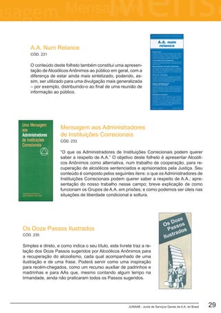 JUNAAB - Junta de Serviços Gerais de A.A. do Brasil 29
CÓD. 231
A.A. Num Relance
O conteúdo deste folheto também constitui uma apresen-
tação de Alcoólicos Anônimos ao público em geral, com a
diferença de estar ainda mais sintetizado, podendo, as-
sim, ser utilizado para uma divulgação mais generalizada
– por exemplo, distribuindo-o ao final de uma reunião de
informação ao público.
Os Doze Passos Ilustrados
Simples e direto, e como indica o seu título, este livrete traz a re-
lação dos Doze Passos sugeridos por Alcoólicos Anônimos para
a recuperação do alcoolismo, cada qual acompanhado de uma
ilustração e de uma frase. Poderá servir como uma inspiração
para recém-chegados, como um recurso auxiliar de padrinhos e
madrinhas e para AAs que, mesmo contando algum tempo na
Irmandade, ainda não praticaram todos os Passos sugeridos.
CÓD. 235
Mensagem aos Administradores
de Instituições Correcionais
“O que os Administradores de Instituições Correcionais podem querer
saber a respeito de A.A.” O objetivo deste folheto é apresentar Alcoóli-
cos Anônimos como alternativa, num trabalho de cooperação, para re-
cuperação de alcoólicos sentenciados e aprisionados pela Justiça. Seu
conteúdo é composto pelos seguintes itens: o que os Administradores de
Instituições Correcionais podem querer saber a respeito de A.A.; apre-
sentação do nosso trabalho nesse campo; breve explicação de como
funcionam os Grupos de A.A. em prisões; e como podemos ser úteis nas
situações de liberdade condicional e soltura.
CÓD. 233
 