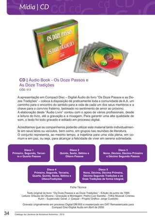 Catálogo de Literatura de Alcóolicos Anônimos - 201434
A apresentação em Compact Disc – Digital Áudio do livro “Os Doze Passos e as Do-
zes Tradições” – coloca à disposição de praticamente toda a comunidade de A.A. um
caminho para o encontro do sentido para a vida de cada um dos seus membros e a
chave para o convívio fraterno, lastreado no sentimento de amor ao próximo.
A elaboração deste “Áudio Livro” contou com o apoio de vários profissionais, desde
a leitura do livro, até a gravação e a mixagem. Para garantir uma alta qualidade de
som, o texto foi todo gravado e editado em processo digital.
Acreditamos que os companheiros poderão utilizar este material tanto individualmen-
te em seus lares ou veículos, bem como, em grupos nas reuniões de literatura.
O conjunto representa, ao mesmo tempo, a trajetória para uma vida plena, em co-
mum e em paz, ou seja, para alcançar a felicidade de viver em serena sobriedade.
CÓD. 513
CD | Áudio Book - Os Doze Passos e
As Doze Tradições
Disco 1
Primeiro, Segundo, Tercei-
ro e Quarto Passos
Disco 2
Quinto, Sexto, Sétimo e
Oitavo Passos
Disco 3
Nono, Décimo, Décimo Primeiro
e Décimo Segundo Passos
Disco 4
Primeira, Segunda, Terceira,
Quarta, Quinta, Sexta, Sétima e
OitavaTradições
Disco 5
Nona, Décima, Décima Primeira,
Décima Segunda Tradições e as
Doze Tradições de forma integral.
Ficha Técnica
Texto original do livro: “Os Doze Passos e as Doze Tradições” - Edição de junho de 1995
Leitura: Dráusio de Oliveira - Gravação e Montagem: Pedro Luiz Siaretta - Trilha Musical: Cireneu
Kuhn - Supervisão Geral: J. Gaspar - Projeto Gráfico: Jorge Custódio
Gravado originalmente em processo Digital DM 800 e masterizado em DAT Remasterizado para
Compact Disc-Digital Áudio em Abril de 2009.
Mídia | CD
 