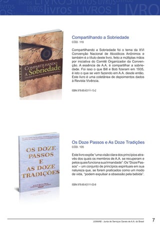 JUNAAB - Junta de Serviços Gerais de A.A. do Brasil 7
Estelivroexpõe“umavisãoclaradosprincípiosatra-
vés dos quais os membros de A.A. se recuperam e
pelosquaisfuncionasuaIrmandade”:Os“DozePas-
sos” – um conjunto de princípios espirituais em sua
natureza que, se forem praticados como um modo
de vida, “podem expulsar a obsessão pela bebida”.
Os Doze Passos e As Doze Tradições
ISBN 978-85-63111-03-6
CÓD. 105
ISBN 978-85-63111-13-2
Compartilhando a Sobriedade foi o tema da XVI
Convenção Nacional de Alcoólicos Anônimos e
também é o título deste livro, feito a múltiplas mãos
por iniciativa do Comitê Organizador da Conven-
ção. A essência de A.A. é compartilhar a sobrie-
dade. Foi isso o que Bill e Bob fizeram em 1935,
é isto o que se vem fazendo em A.A. desde então.
Este livro é uma coletânea de depoimentos dados
à Revista Vivência.
Compartilhando a Sobriedade
CÓD. 119
 