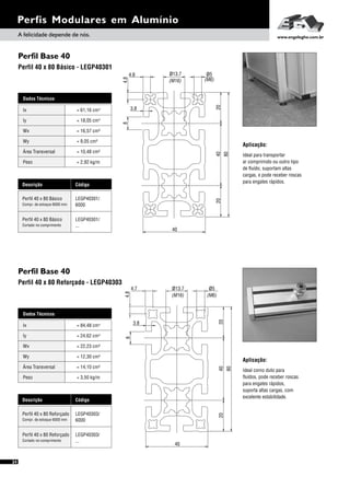 Perfil Base 40
Perfil Base 40
Perfil 40 x 80 Básico - LEGP40301
Perfil 40 x 80 Reforçado - LEGP40303
Dados Técnicos
Iy 4
= 24,62 cm
Wx
Área Transversal
= 22,23 cm³
= 14,10 cm²
Wy
Peso
= 12,30 cm³
= 3,50 kg/m
Ix 4= 84,48 cm
Descrição Código
Perfil 40 x 80 Reforçado LEGP40303/
6000Compr. de estoque 6000 mm
Perfil 40 x 80 Reforçado LEGP40303/
...Cortado no comprimento
Perfis Modulares em Alumínio
Dados Técnicos
Iy 4
= 18,05 cm
Wx
Área Transversal
= 16,57 cm³
= 10,48 cm²
Wy
Peso
= 9,05 cm³
= 2,92 kg/m
Ix 4= 61,16 cm
Descrição Código
Perfil 40 x 80 Básico LEGP40301/
6000Compr. de estoque 6000 mm
Perfil 40 x 80 Básico LEGP40301/
...Cortado no comprimento
Aplicação:
Ideal para transportar
ar comprimido ou outro tipo
de fluído, suportam altas
cargas, e pode receber roscas
para engates rápidos.
Aplicação:
Ideal como duto para
fluídos, pode receber roscas
para engates rápidos,
suporta altas cargas, com
excelente estabilidade.
402020
8
3.8
40
ø13.7
(M16)
4.8
4.8 ø5
(M6)
80
402020
8
3.8
40
80
ø13.7
(M16)
4.7 ø5
4.8
(M6)
A felicidade depende de nós. www.engelegho.com.br
24
 