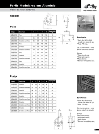 Rodízios
Perfis Modulares em Alumínio
Placa
Especificação:
* Garfo: Aço SAE 1010/20,
zincado com esferas de aço;
* Roda: PVC cinza.
Obs.: outros materiais e cores
para as rodas, favor consultar.
Exemplo:
* Poliuretano: laranja;
* Polipropileno: preto;
* Nylon: branco;
* Borracha termo plástica: azul.
O detino dos homens é a liberdade. www.engelegho.com.br
Espiga
A B D
45 50
66 32
19
19
75
125
78 32
32
32
100
150
66 32 75
125
78 32
32
32
100
150
45 50
H
75
100
150
130
175
100
150
130
175
75
M
8
8
8
8
8
8
8
8
8
8
Capacidade
kg
30
60
75
65
85
60
75
65
85
30
Código Descrição
LEGV02002 Giratório com freio
LEGV03001
LEGV05001
Giratório
Giratório
LEGV04001
LEGV06001
Giratório
Giratório
LEGV03002
LEGV05002
Giratório com freio
Giratório com freio
LEGV04002
LEGV06002
Giratório com freio
Giratório com freio
LEGV02001 Giratório
A B D H Capacidade
kg
66 75 100 60
66 32
32
32
75
125
100
150
60
75
78 32
32
32
100
125
130
150
65
75
_ 32 100
125
130
150
65
75
78 32
32
32
100
150
130
175
65
85
32 150 175 85
32 150 175 85
_ 75 100 60
Código Descrição
LEGV13001 Giratório
LEGV13002
LEGV15101
Giratório com freio
Fixo
LEGV14001
LEGV15002
LEGV16001
Giratório
Giratório com freio
Giratório
LEGV14101
LEGV15001
Fixo
Giratório
LEGV14002
LEGV16101
LEGV16002
Giratório com freio
Fixo
Giratório com freio
LEGV13101 Fixo
Especificação:
* Garfo: Aço SAE 1010/20,
zincado com esferas de aço;
* Roda: PVC cinza.
Obs.: outros materiais e cores
para as rodas, favor consultar.
Exemplo:
* Poliuretano: laranja;
* Polipropileno: preto;
* Nylon: branco;
* Borracha termo plástica: azul.
_
102
102
_
115
115
102
115
102
115
80
105
80
55
B
H
D
A
D
A
B
M
H
65
 