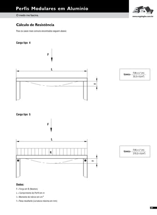 Perfis Modulares em Alumínio
O medo me fascina. www.engelegho.com.br
Cálculo de Resistência
Para os casos mais comuns encontrados seguem abaixo:
Carga tipo 4
Carga tipo 5
f(mm)=
F(N) x L³ (m)
4
33,3 x I(cm )
F
L
f
F
L
f
q f(mm)=
F(N) x L³ (m)
F = Força em N (Newton)
L = Comprimento do Perfil em m
I = Momento de inércio em cm
f = Flexa resultante (curvatura máxima em mm)
4
4
270,3 x I(cm )
09
Dados:
 