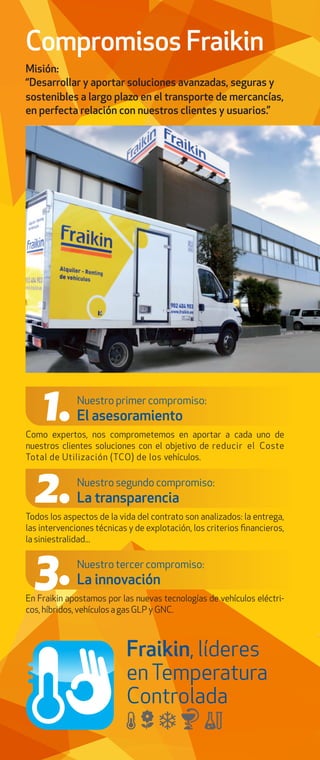 Compromisos Fraikin
Misión:
“Desarrollar y aportar soluciones avanzadas, seguras y
sostenibles a largo plazo en el transporte de mercancías,
en perfecta relación con nuestros clientes y usuarios.”
Como expertos, nos comprometemos en aportar a cada uno de
nuestros clientes soluciones con el objetivo de reducir el Coste
Total de Utilización (TCO) de los vehículos.
Nuestro primer compromiso:
El asesoramiento1.
Todos los aspectos de la vida del contrato son analizados: la entrega,
las intervenciones técnicas y de explotación, los criterios ﬁnancieros,
la siniestralidad...
2.Nuestro segundo compromiso:
La transparencia
En Fraikin apostamos por las nuevas tecnologías de vehículos eléctri-
cos,híbridos,vehículosagasGLP y GNC.
Nuestro tercer compromiso:
La innovación3.
Fraikin, líderes
enTemperatura
Controlada
 