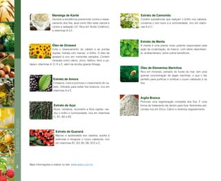 4
ExtratosNaturais
Manteiga de Karité
Devolve a emoliência prevenindo contra o resse-
camento dos fios, atua como filtro solar natural e
contra a radiação UV. Rica em Ácido Cinâmico,
e vitaminas A e E.
Óleo de Girassol
Evita o ressecamento do cabelo e as pontas
duplas, hidrata com maciez e brilho. O óleo de
girassol é rico em nutrientes variados. Contém
minerais como cálcio, zinco, fósforo, ferro e po-
tássio; vitaminas A, D, K e E, além de ácidos graxos ômega.
Extrato de Amora
Fortalece, nutre e promove o crescimento do ca-
belo. Utilizado para evitar fios brancos, rico em
vitaminas A e E.
Extrato de Açaí
Nutre, revitaliza, reconstrói a fibra capilar, res-
titui o brilho e luminosidade, rica em vitaminas
C, B1, B2 e B3.
Extrato de Guaraná
Maciez e sedosidade aos cabelos, auxilia a
estimular e revigorar o couro cabeludo, rico
em vitaminas B1, B3, B5, B6, B12 e C.
Extrato de Camomila
Contém substâncias que realçam o brilho nos cabelos,
conserva o tom louro e a luminosidade, rico em vitami-
nas A e C.
Extrato de Menta
A menta é uma planta muito potente responsável pela
ação da cicatrização, do frescor, com efeito desinfetan-
te, antibacteriano, entre outros benefícios.
Óleo de Elementos Marinhos
Rico em minerais, extraído do fundo do mar, tem uma
grande concentração de algas marinhas, o que o faz
perfeito para purificar e tonificar o couro cabeludo e os
fios.
Argila Branca
Promove uma regeneração completa dos fios. É uma
forma de tratamento de dentro para fora. Nutrientes adi-
cionais rica em Zinco, Cálcio e diversos oligoelemento.
Mais informações e vídeos no site: www.adlux.com.br
 