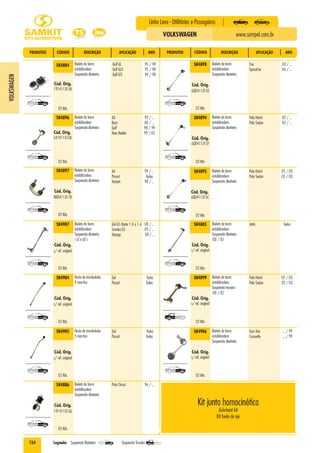 154
Linha Leve - Utilitários e Passageiros
www.sampel.com.brVOLKSWAGEN
VOLKSWAGEN
Legenda: Suspensão Dianteira Suspensão Traseira
PRODUTOS CÓDIGO DESCRIÇÃO APLICAÇÃO ANO PRODUTOS CÓDIGO DESCRIÇÃO APLICAÇÃO ANO
Golf GL 95 / 98
Golf GLX 95 / 98
Golf GTI 94 / 98
SK4884
02 Kits
Cód. Orig.
191411315B
Bieleta da barra
estabilizadora
Suspensão dianteira
A3 99 /...
Bora 00 /...
Golf 98 / 99
New Beetle 99 / 05
SK4896
02 Kits
Cód. Orig.
547411315B
Bieleta da barra
estabilizadora
Suspensão dianteira
A4 99 /...
Passat Todos
Variant 98 /...
SK4897
02 Kits
Cód. Orig.
8DO411317D
Bieleta da barra
estabilizadora
Suspensão dianteira
Polo Hatch 02 / 03
Polo Sedan 02 / 03
SK4895
02 Kits
Cód. Orig.
6Q0411315C
Bieleta da barra
estabilizadora
Suspensão dianteira
Fox 03 /...
SpaceFox 06 /...
SK4898
02 Kits
Cód. Orig.
6Q0411315E
Bieleta da barra
estabilizadora
Suspensão dianteira
Gol G5 Motor 1.0 e 1.6 08 /...
Saveiro G5 09 /...
Voyage 08 /...
SK4907
02 Kits
Cód. Orig.
s/ ref. original
Bieleta da barra
estabilizadora
Suspensão dianteira
( LE e LD )
Jetta TodosSK4885
02 Kits
Cód. Orig.
s/ ref. original
Bieleta da barra
estabilizadora
Suspensão dianteira
(LD / LE)
Polo Hatch 02 /...
Polo Sedan 02 /...
SK4894
02 Kits
Cód. Orig.
6Q0411315F
Bieleta da barra
estabilizadora
Suspensão dianteira
Gol Todos
Passat Todos
SK4905
02 Kits
Cód. Orig.
s/ ref. original
Haste do trambulador
5 marchas
Euro Van ... / 99
Caravelle ... / 99
SK4906
02 Kits
Cód. Orig.
s/ ref. original
Bieleta da barra
estabilizadora
Suspensão dianteira
Gol Todos
Passat Todos
SK4904
02 Kits
Cód. Orig.
s/ ref. original
Haste do trambulador
4 marchas
Polo Hatch 02 / 03
Polo Sedan 02 / 03
SK4899
02 Kits
Cód. Orig.
s/ ref. original
Bieleta da barra
estabilizadora
Suspensão traseira
(LD / LE)
Polo Classic 96 /...SK4886
02 Kits
Cód. Orig.
191411315A
Bieleta da barra
estabilizadora
Suspensão dianteira
KIT JUNTA HOMOCINÉTICAKit junta homocinética
Axle-boot kit
Kit fuele de eje
 