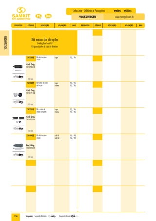 156
Linha Leve - Utilitários e Passageiros
www.sampel.com.brVOLKSWAGEN
VOLKSWAGEN
Legenda: Suspensão Dianteira Suspensão Traseira
PRODUTOS CÓDIGO DESCRIÇÃO APLICAÇÃO ANO PRODUTOS CÓDIGO DESCRIÇÃO APLICAÇÃO ANO
KIT CAIXA DE DIREÇÃO
Logus 93 / 96SK2808
02 kits
Cód. Orig.
547498061K
Kit coifa da caixa
direção
Logus 93 / 96
Pointer 93 / 96
SK2809
02 kits
Cód. Orig.
547419148K
Kit buchas da caixa
de direção
Logus 93 / 96
Pointer 93 / 96
SK2810
02 kits
Cód. Orig.
547498061KK
Kit da caixa de
direção completa
Golf GL 95 / 98
Golf GLX 96 / 98
SK4903
02 kits
Cód. Orig.
1H0422831K
Kit coifa da caixa
direção
Kit caixa de direção
Steering box boot kit
Kit guarda polvo la caja de direcion
 