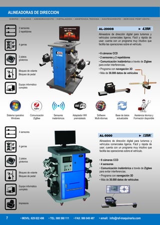 ALINEADORAS DE DIRECCION
DISEÑO – CALIDAD – ASESORAMIENTO – INSTALACION – ASISTENCIA TECNICA – MANTENIMIENTO – SERVICIO POST-VENTA -
7 • MOVIL: 629 822 496 • TEL: 980 560 111 • FAX: 980 049 487 • email: info@rsf-maquinaria.com
AL-2000S ► 4.200€
Alineadora de dirección digital para turismos y
vehículos comerciales ligeros. Fácil y rápida de
usar; cuenta con un programa muy intuitivo que
facilita las operaciones sobre el vehículo.
• 6 cámaras CCD
• 2 sensores y 2 repetidores
• Comunicación inalámbrica a través de Zigbee
para evitar interferencias.
• Programa con navegación 3D
• Más de 30.000 datos de vehículos
AL-5000 ► 7.350€
Alineadora de dirección digital para turismos y
vehículos comerciales ligeros. Fácil y rápida de
usar; cuenta con un programa muy intuitivo que
facilita las operaciones sobre el vehículo.
• 8 cámaras CCD
• 4 sensores
• Comunicación inalámbrica a través de Zigbee
para evitar interferencias.
• Programa con navegación 3D
• Más de 30.000 datos de vehículos
Sistema operativo
Windows
Comunicación
ZigBee
Sensores
inalámbricos
Adaptador Wifi
preinstalado
Software
Multi-idiomas
Base de datos
actualizable
Asistencia técnica y
Formación disponible
2 sensores
2 repetidores
4 garras
2 platos
giratorios
Bloqueo de volante
Bloqueo de pedal
Equipo informático
completo
4 sensores
4 garras
2 platos
giratorios
Bloqueo de volante
Bloqueo de pedal
Equipo informático
completo
Impresora
 