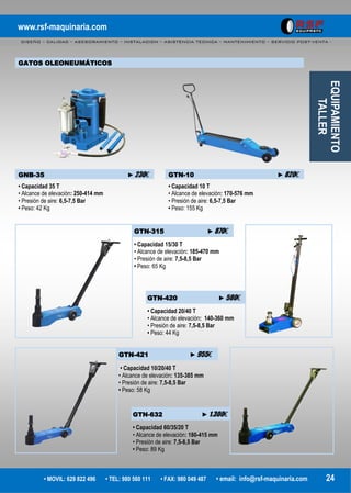 www.rsf-maquinaria.com
DISEÑO – CALIDAD – ASESORAMIENTO – INSTALACION – ASISTENCIA TECNICA – MANTENIMIENTO – SERVICIO POST-VENTA -
• MOVIL: 629 822 496 • TEL: 980 560 111 • FAX: 980 049 487 • email: info@rsf-maquinaria.com 24
GNB-35 ►230€ GTN-10 ►820€
• Capacidad 35 T
• Alcance de elevación: 250-414 mm
• Presión de aire: 6,5-7,5 Bar
• Peso: 42 Kg
• Capacidad 10 T
• Alcance de elevación: 170-576 mm
• Presión de aire: 6,5-7,5 Bar
• Peso: 155 Kg
GATOS OLEONEUMÁTICOS
GTN-315 ►870€
• Capacidad 15/30 T
• Alcance de elevación: 185-470 mm
• Presión de aire: 7,5-8,5 Bar
• Peso: 65 Kg
GTN-421 ►955€
• Capacidad 10/20/40 T
• Alcance de elevación: 135-385 mm
• Presión de aire: 7,5-8,5 Bar
• Peso: 58 Kg
GTN-632 ►1.300€
• Capacidad 60/35/20 T
• Alcance de elevación: 180-415 mm
• Presión de aire: 7,5-8,5 Bar
• Peso: 89 Kg
EQUIPAMIENTO
TALLER
GTN-420 ►580€
• Capacidad 20/40 T
• Alcance de elevación: 140-360 mm
• Presión de aire: 7,5-8,5 Bar
• Peso: 44 Kg
 