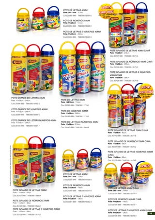 POTE GRANDE DE LETRAS 40MM
Pote: 11x28cm - 248un.
Cód.20098-999 - 789039513565-3
POTE GRANDE DE NÚMEROS 40MM
Pote: 11x28cm - 288un.
Cód.20099-999 - 789039513566-0
POTE GRANDE DE LETRAS NÚMEROS 40MM
Pote: 11x28cm - 268un.
Cód.20100-999 - 789039513567-7
POTE GRANDE DE LETRAS 70MM
Pote: 11x28cm - 82un.
Cód.20101-999 - 789039513568-4
POTE GRANDE DE NÚMEROS 70MM
Pote: 11x28cm - 96un.
Cód.20102-999 - 789039513569-1
POTE GRANDE DE LETRAS E NÚMEROS 70MM
Pote: 11x28cm - 89un.
Cód.20103-999 - 789039513570-7
POTE DE LETRAS 40MM
Pote: 14X13cm - 124un.
Cód.20005-999 - 789039511759-8
POTE DE NÚMEROS 40MM
Pote: 11x28cm - 148un.
Cód.20090-999 - 789039511717-8
POTE DE LETRAS E NÚMEROS 40MM
Pote: 11x28cm - 136un.
Cód.20091-999 - 789039513560-8
POTE DE LETRAS 40MM
Pote: 14X13cm - 372un.
Cód.20092-999 - 789039513561-5
POTE DE NÚMEROS 40MM
Pote: 11x28cm - 444un.
Cód.20093-999 - 789039513562-2
POTE DE LETRAS E NÚMEROS 40MM
Pote: 11x28cm - 408un.
Cód.20094-999 - 789039513563-9
POTE DE LETRAS 40MM
Pote: 14X13cm - 744un.
Cód.20095-999 - 789039511719-2
POTE DE NÚMEROS 40MM
Pote: 11x28cm - 888un.
Cód.20096-999 - 789039511718-5
POTE DE LETRAS E NÚMEROS 40MM
Pote: 11x28cm - 816un.
Cód.20097-999 - 789039513564-6
POTE GRANDE DE LETRAS 40MM C/IMÃ
Pote: 11x28cm - 248un.
Cód.20107-999 - 789039513574-5
POTE GRANDE DE NÚMEROS 40MM C/IMÃ
Pote: 11x28cm - 288un.
Cód.20108-999 - 789039513575-2
POTE GRANDE DE LETRAS E NÚMEROS
40MM C/IMÃ
Pote: 11x28cm - 268un.
Cód.20109-999 - 789039513576-9
POTE GRANDE DE LETRAS 70MM C/IMÃ
Pote: 11x28cm - 82un.
Cód.20110-999 - 789039513577-6
POTE GRANDE DE NÚMEROS 70MM C/IMÃ
Pote: 11x28cm - 96un.
Cód.20111-999 - 789039513578-3
POTE GRANDE DE LETRAS NÚMEROS 70MM
C/IMÃ
Pote: 11x28cm - 89un.
Cód.20112-999 - 789039513579-0
POTE DE LETRAS 40MM C/IMÃ
Pote: 14X13cm - 124un.
Cód.20104-999 - 789039513571-4
POTE DE NÚMEROS 40MM C/IMÃ
Pote: 11x28cm - 148un.
Cód.20105-999 - 789039513572-1
POTE DE LETRAS E NÚMEROS 40MM C/IMÃ
Pote: 11x28cm - 136un.
Cód.20106-999 - 789039513573-8
Letras
com Imã
Letras
com Imã
em toda a superfície
de apoio
Letras
com Imã
Letras
com Imã
em toda a superfície
de apoio
Letras
com Imã
Letras
com Imã
em toda a superfície
de apoio
Estesprodutospodemsofreralteraçõessemprévioaviso.
59
 