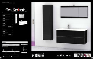 Robinetterie en option. P. 137
COMPOSITION DUO 105
Composition comprenant:
- Meuble bas supérieur DUO 70 Noir	 280
101 02 070
- Meuble bas inférieur DUO 70 Noir	 270
101 02 071
- 2 x Meuble bas DUO 35 Noir	 460
101 02 035
- Plan vasque AMBAR 105 Gauche	 350
506 01 105
- Miroir DUO 35 Noir	 105
201 02 035	
- Miroir DUO 70 Noir	 154
201 02 070
- Applique ESTHER	 53
400 00 121
	 L’ensemble 1672
	 + eco taxe 4.03 € HT
Option colonne:
- 2 x Colonne 15 Noir	 236
101 02 435
- 2 x Porte assorties Noir	 96
101 02 535
	 L’ensemble 332
	 + eco taxe 1.32 € HT
Tiroir Porte
45
105,5
35
35
24 24
24 24
45
70
70
45
80
80
35
15
cotés métalliques tiroir à fermeture
ralentie
porte à fermeture
ralentie
finition brillante finition mélamine
structuré
Options
225 286
Lampe incluse
300
Lampe incluse F
600
Lampe incluse F
Lampe incluse
ECLAIRAGE
EVA IRENE
Prix 53 Prix 53
ESTHER SOFIA
Prix 53 Prix 79
Sans robinet et sans accessoire.
Mín.
200 mm.
Máx.
280 mm.
Mín. 100 mm.
Máx. 330 mm.
65 mm.
Système de vidage
complet chromé
BONDE & SIPHON
Prix 67
FINITIONS
BLANC AUBERGINEGRISNOIR CHÊNE
40 41
 