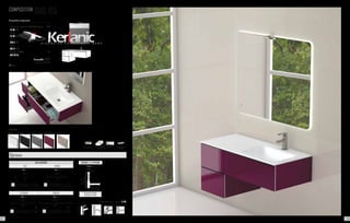 225 286
Mín.
200 mm.
Máx.
280 mm.
Mín. 100 mm.
Máx. 330 mm.
65 mm.
Système de vidage
complet chromé
BONDE & SIPHON
Prix 67
Lampe incluse
300
Lampe incluse F
600
Lampe incluse F
Lampe incluse
ECLAIRAGE
EVA IRENE
Prix 53 Prix 53
ESTHER SOFIA
Prix 53 Prix 79
Options
Robinetterie en option. P. 137
COMPOSITION DUO 105
Composition comprenant:
- Meuble bas supérieur DUO 70 Aubergine	 280
101 04 070
- 2 x Meuble bas DUO 35 Aubergine	 460
101 04 035
- Plan vasque JADE 105 Droite	 350
504 01 106
- Miroir LEEDS anti-buée 100	 265
246 00 100
- Applique ESTHER	 53
400 00 121	
	 L’ensemble 1408
	 + eco taxe 2.74 € HT
Tiroir
cotés métalliques tiroir à fermeture
ralentie
finition brillante finition mélamine
structuré
FINITIONS
BLANC AUBERGINEGRISNOIR CHÊNE
70
100
106
80
35
24
24
24
45
45
42 43
 