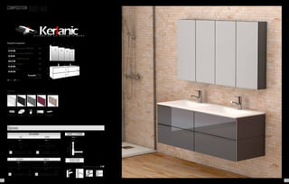 225 286
Mín.
200 mm.
Máx.
280 mm.
Mín. 100 mm.
Máx. 330 mm.
65 mm.
Système de vidage
complet chromé
BONDE & SIPHON
Prix 67
Lampe incluse
300
Lampe incluse F
600
Lampe incluse F
Lampe incluse
ECLAIRAGE
EVA IRENE
Prix 53 Prix 53
ESTHER SOFIA
Prix 53 Prix 79
Options
Robinetterie en option. P. 137
COMPOSITION DUO 140
Composition comprenant:
- 2 x Meuble bas supérieur DUO 70 Gris	 560
101 03 070
- 2 x Mueble bas inférieur DUO 70 Gris	 540
101 03 071
- Plan vasque AMBAR 140 double	 445
506 01 142
- 4 x Colonne 15 Grises	 472
101 03 435
- 4 x Porte Miroir	 264
101 00 535
	 L’ensemble 2281
	 + eco taxe 7.21 € HT
Tiroir Porte
cotés métalliques tiroir à fermeture
ralentie
porte à fermeture
ralentie
finition brillante finition mélamine
structuré
FINITIONS
BLANC AUBERGINEGRISNOIR CHÊNE
80
35
35
35
35
70
46140,5
70
24
24
45
46 47
 