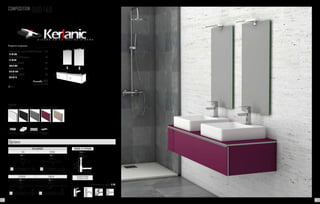 225 286
Mín.
200 mm.
Máx.
280 mm.
Mín. 100 mm.
Máx. 330 mm.
65 mm.
Système de vidage
complet chromé
BONDE & SIPHON
Prix 67
Lampe incluse
300
Lampe incluse F
600
Lampe incluse F
Lampe incluse
ECLAIRAGE
EVA IRENE
Prix 53 Prix 53
ESTHER SOFIA
Prix 53 Prix 79
Options
Robinetterie en option. P. 137
70
70
24
24
45
8080
60
60
COMPOSITION DUO 140
Composition comprenant:
- 2 x Meuble bas supérieur DUO 70 Aubergine	 560
101 04 070
- Plateau DUO 140 Aubergine	 122
101 04 214
- 2 x Vasque SOMAOZ	256
507 01 045
- 2 x Miroir CLIMA 60	 200
230 00 060
- 2 x Applique ESTHER	 106
400 00 121
	 L’ensemble 1244
	 + eco taxe 3.31 € HT
Tiroir
cotés métalliques tiroir à fermeture
ralentie
finition brillante finition mélamine
structuré
FINITIONS
BLANC AUBERGINEGRISNOIR CHÊNE
52 53
 