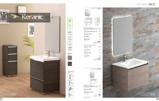 SERIE MODUL’AIR 70
COMPOSITION AIR705 COMPOSITION AIR706
Composition comprenant:
- Meuble suspendu MODULAIR 70, 2 tiroirs	 375
102 32 071
- Caisson inférieur MODULAIR 70, 1 tiroir	 250
102 32 072
- Plan vasque AGATHA 70	 235
501 01 070
- Miroir CLIMA 70	 130
230 00 070
- Applique ESTHER	 53
400 00 121	
	L’ensemble 1043
	 + eco taxe 3.24 € HT
Meuble complementaire comprenant:
- Caisson 35, 2 tiroirs	 199
102 32 036
- Caisson 35, 1 porte	 199
102 32 035
- Plateau 35 supérieur	 49
102 32 203
- Jeu de 4 pieds	 54
412 00 050
	 L’ensemble 501
	 + eco taxe 1.33 € HT
COMPOSITION AIR705
Composition comprenant:
- Meuble suspendu MODULAIR 70, 2 tiroirs	 375
102 21 071
- Plan vasque TURÍN 70	 235
500 01 070
- Miroir LEEDS anti-buée 60	 245
246 00 060
	 L’ensemble 855
	 + eco taxe € HT
Tiroir Porte
COMPOSITION AIR706
Robinetterie en
option. P. 137
cotés métalliques
tiroir à fermeture
ralentie
porte à fermeture
ralentie
finition mélamine
structuré
Certifié PEFC
Ce produit est issu
de forêts gérées
durablement et de
sources contrôlées.
pefc-france.org
CHÊNE
CHÊNE GRIS
FINITIONS
70
71
60
45
48
80
35
45
48
5
48
80
70
70,5
7045
48
30
5
62 63
 