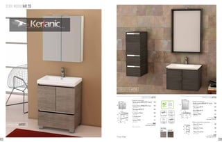 SERIE MODUL’AIR 70
Composition comprenant:
- Meuble suspendu MODULAIR 70, 2 portes	 240
102 32 070
- Plan vasque JADE 70	 235
504 01 070
- Miroir MODUL’AIR 70	 190
202 32 100
- Applique ESTHER	 53
400 00 121
	L’ensemble 718
	 + eco taxe 2.91 € HT
Meuble complementaire comprenant:
- Caisson 35, 1 porte	 199
102 32 035
- Caisson 35, 2 tiroirs	 199
102 32 036
- Plateau 35 supérieur	 49
102 32 203
	L’ensemble 447
	 + eco taxe 1.29 € HT
COMPOSITION AIR708COMPOSITION AIR707
COMPOSITION AIR708
COMPOSITION AIR707
Composition comprenant:
- Meuble suspendu MODULAIR 70 ,2 portes	 240
102 21 070
- Caisson inférieur MODULAIR 70, 1 tiroir	 250
102 21 072
- Plan vasque AGATHA 70	 235
501 01 070
- 2 x Colonnes 15 Blanc*	 236
101 01 435
- 2 x Portes miroir	 132
101 00 535
- Applique ESTHER	 53
400 00 121
	 L’ensemble 1146
	 + eco taxe 4.23 € HT
* Blanc uniquement.
cotés métalliques tiroir à fermeture
ralentie
porte à fermeture
ralentie
finition mélamine
structuré
Certifié PEFC
Ce produit est issu
de forêts gérées
durablement et de
sources contrôlées.
pefc-france.org
CHÊNE CHÊNE GRIS
FINITIONS
Tiroir Porte
70
70,5
45
5
30
48
70
80
7045
48
708
100
71
35
45
48
48
64 65
 