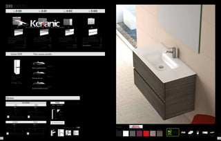 Robinetterie en option. P. 137
225 286
Lampe incluse
300
Lampe incluse F
600
Lampe incluse F
Lampe incluse
ECLAIRAGE
EVA IRENE
Prix 53 Prix 53
ESTHER SOFIA
Prix 53 Prix 79
Options
SERIE IKARO 100
Ref. IK-1001
80
100
60
46
99
- Meuble suspendu IKARO 100 	 590
- Plan vasque au choix (à préciser)	 310
- Miroir CLIMA 100 	 160
- Applique EVA 	 53
	 1113
	 + eco taxe: 3.75 € HT
Ref. IK-1009
60
80
60
46
99
14
- Meuble suspendu IKARO 100	 590
- Plan vasque au choix (à préciser)	 310
- 2xArmoire de toilette DOMINO 40*	 218
- Applique EVA 	 53
	 1171
	 + eco taxe: 3.58 € HT
* Blanc ou Aluminium.
Plans vasques possible
101
46
1,9
JADE 100
TOPACIO 100
100,5
6
45,5
TURÍN 100
100
46
1,8
Résine de synthèse brillante
Céramique extra plat
Verre blanc teinté dans la masse
Colonne IKARO
299 +
eco taxe
1.25 € HT
125
32
38
Colonne suspendu
2 portes
Ref. IK-1011 Ref. IK-1013
100
100
60 60
46 46
99 99
- Meuble suspendu IKARO 100 	 590
- Plan vasque au choix (à préciser)	 310
- Miroir LEEDS anti-buée 80 	 265
	 1165
	 + eco taxe: € HT
- Meuble suspendu IKARO 100 	 590
- Plan vasque au choix (à préciser)	 310
- Miroir SIGMA 100 	 120
	 1020
	 + eco taxe: 3.33 € HT
80
65
Certifié PEFC
Ce produit est issu
de forêts gérées
durablement et de
sources contrôlées.
pefc-france.org
cotés métalliques tiroir à fermeture
ralentie
porte à fermeture
ralentie
finition brillante finition mélamine
structuré
275 mm.
80 mm.
80 mm.
80 mm.
4 trous
Ø5 mm.
Jeu de 4 pieds chromés
PIEDS
Prix 54 taxe 0.04
BLANC GRIS SOURIS ROUGE CHÊNENOIR CHÊNE GRISAUBERGINE
FINITIONS
NOUVEAUTE
COULEUR 2015
117116
 