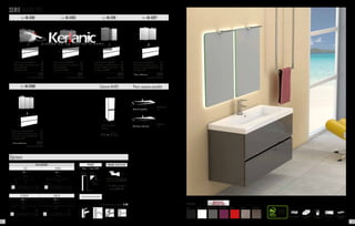 Robinetterie en option. P. 137
225 286
Lampe incluse
300
Lampe incluse F
600
Lampe incluse F
Lampe incluse
ECLAIRAGE
EVA IRENE
Prix 53 Prix 53
ESTHER SOFIA
Prix 53 Prix 79
Options
SERIE IKARO 120
Certifié PEFC
Ce produit est issu
de forêts gérées
durablement et de
sources contrôlées.
pefc-france.org
cotés métalliques tiroir à fermeture
ralentie
porte à fermeture
ralentie
finition brillante finition mélamine
structuré
Colonne IKARO
299 +
eco taxe
1.25 € HT
125
32
38
Colonne suspendu
2 portes
- Meuble suspendu IKARO 120 	 610
- Plan vasque au choix (à préciser)	 395
- Miroir CLIMA 120 	 190
- 2 x Applique EVA 	 106
	 1301
	 + eco taxe: 4.16 € HT
Ref. IK-1281
80
120
46
119
60
Ref. IK-1291
- Meuble suspendu IKARO 120 	 610
- Plan vasque au choix (à préciser)	 395
- 2 x Miroir LEEDS anti-buée 60	 490
- 2 x Applique ESTHER 	 106
	 1548
	 + eco taxe: 3.33 € HT
- Meuble suspendu IKARO 120 	 610
- Plan vasque au choix (à préciser)	 395
- Miroir SIGMA 120	 150
- 2 x Applique ESTHER 	 106
	 1261
	 + eco taxe: 4.16 € HT
60 60
80 80
46
119
60
46
119
60
Ref. IK-1287
- Meuble suspendu IKARO 120	 610
- Plan vasque au choix (à préciser)	 395
- 2 x Armoire de toilette BASIC 60*	 296
- 2 x Applique EVA 	 106
	 1407
	 + eco taxe: 4.99 € HT
* Blanc ou Aluminium.
60 60
80
12
46
119
60
Ref. IK-1289
- Meuble suspendu IKARO 120 	 610
- Plan vasque au choix (à préciser)	 395
- 3 x Armoire de toilette DOMINO 40*	 327
- 2 x Applique EVA 	 106
	 1438
	 + eco taxe: 4.32 € HT
* Blanc ou Aluminium.
40 40 40
80
14
46
119
60
Plans vasques possible
120,5
6
45,5
Résine de synthèse
TOPACIO 120
1 S
121
46
1,9
Céramique extra plat
TURÍN 120
1 S
275 mm.
80 mm.
80 mm.
80 mm.
4 trous
Ø5 mm.
Jeu de 4 pieds chromés
PIEDS
Prix 54 taxe 0.04
Ref. IK-1293
120
65
BLANC GRIS SOURIS ROUGE CHÊNENOIR CHÊNE GRISAUBERGINE
FINITIONS
NOUVEAUTE
COULEUR 2015
VIDAGE EXTA PLAT
32
Système de vidage extra plat
uniquement pour IKARO 120
Le siphon est livré
avec IKARO 120
121120
 