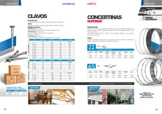Aplicaciones Aplicaciones
TREFILADOS www.adelca.com TREFILADOS
CONCERTINAS
DESCRIPCIÓN
Es un elementode sujeción fabricado a partir del alambre de acero trefilado.
USOS
Se utilizan en encofrados, muebles, cajas de madera y carpintería en general.
NORMAS TÉCNICAS
NTEINEN 6
1
1(Ecuatoriana)
Productos de alambre: clavos, tachuelas, alcayatas, grapas y puntas.
NTEINEN 626(Ecuatoriana)
Productos de alambre. Clavos de acero de uso general.
Dimensión y tolerancia.
NTEINEN 6
1
2(Ecuatoriana)
Productos de alambre. Clavos de acero. Dimensiones y tolerancias.
SUPERIOR
DESCRIPCIÓN
Concertinas Superior son obstáculos de protección, de forma helicoidal fabricadas con
láminas de acero y alambre galvanizado. Posee cuchillas con espaciado simétrico para
mayor seguridad.
Concertinas Superior BTO22 o CBT65, son de rápida instalación y no requieren
estructuras complejas.
USOS
Seguridad perimetral, protección de viviendas, terrenos e industrias. También son
usadas como barricadas móviles por militares y/o policías.
CLAVOS
En cajas de 10 y 25 kg.
TIPO DIÁMETRO LONGITUD
CON CABEZA desde 1,10 mm 20 mm
SIN CABEZA hasta 5,60 mm 125 mm
DIMENSIONES PARA
FABRICACIÓN A PEDIDO
3GALVANIZADO
TRIPLE
CapasdeZinc
Acero
3
1 2
ROLLOS COMPACTADOS de 20m de longitud por 1 - 1.5 - 2.0 - 2.5 y 3m de alto.
65 DESCRIPCIÓN TÉCNICA
Tipo de
Concertina
No. de
Vueltas
Diámetro
del rollo
Longitud
de cuchilla
aprox.
Longitud de
instalación
máxima
Espesor
de
cuchilla
Galvanizado
Cuchilla
Peso
Aprox.
CBT65 33 46cm 65mm 8-10m 0.65mm Pesado 5,97kg
CBT65 20 46cm 65mm 4-6m 0.65mm Pesado 3,62kg
65mm
PÚA
22 DESCRIPCIÓN TÉCNICA
Tipo de
Concertina
No. de
Vueltas
Diámetro
del rollo
Longitud
de cuchilla
aprox.
Longitud de
instalación
máxima
Espesor
de
cuchilla
Galvanizado
Cuchilla
Peso
Aprox.
BTO22 33 46cm 22mm 8-10m 0.65mm Pesado 4,75kg
BTO22 20 46cm 22mm 4-6m 0.65mm Pesado 2,88kg
22mm
PÚA
Adelca es el
ÚNICO PRODUCTOR DE
CONCERTINAS
ANIVEL NACIONAL
TIPO DIÁMETRO LONGITUD CABEZA No. APROX.
mm mm mm Clavos/kg
20 x 1,50 1,50 20,00 3,38 3600
25 x 1,70 1,70 25,00 3,83 2243
30 x 1,70 1,70 30,00 3,83 1867
40 x 1,70 1,70 40,00 3,83 1401
40 x 2,15 2,15 40,00 4,84 876
50 x 2,80 2,80 50,00 6,30 413
65 x 3,45 3,45 65,00 7,76 209
65 x 3,10 3,10 65,00 6,98 259
75 x 3,80 3,80 75,00 8,55 149
90 x 4,20 4,20 90,00 8,40 102
100 x 5,20 5,20 100,00 10,40 59
125 x 5,60 5,60 125,00 11,20 41
LISO
SIN
CABEZA
LISO
C
O
N
CABEZA
TIPO DIÁMETRO LONGITUD CABEZA No. APROX.
mm mm mm Clavos/kg
20 x 1,10 1,10 20,00 1,54 6695
25 x 1,70 1,70 25,00 2,38 2243
40 x 2,15 2,15 40,00 3,01 876
50 x 2,80 2,80 50,00 3,92 413
65 x 2,80 2,80 65,00 3,92 296
CORRUGADO
C/C
TIPO DIÁMETRO
mm
LONGITUD
mm
CABEZA
mm
No. APROX.
Clavos/kg
50 x 3,10 3,10 50,00 6,98 413
65 x 3,10 3,10 65,00 6,98 259
65 x 3,80 3,80 65,00 8,55 172
75 x 3,80 3,80 75,00 8,55 140
75 x 4,20 4,20 75,00 8,40 122
18 19
 