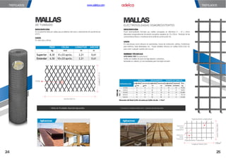 TREFILADOS
Rollos de 10 unidades. Especiales bajo pedido. Se producen en longitudes estándar de 6m - Longitudes especiales bajo pedido.
ELECTROSOLDADAS SISMORESISTENTES
MALLAS
DESCRIPCIÓN
Panel electrosoldado formado por varillas corrugadas en diámetros 8 – 10 y 12mm
dispuestas ortogonalmente formando recuadros regulares de 15 a 50cm Participa de las
características físicas y mecánicas dela varilladeconstrucción AS.
USOS
En estructuras como refuerzo en pavimentos, muros de contención, plintos, fundiciones
para edificios, losas alivianadas, etc. Puede añadirse refuerzo en varillas ADELCA® AS
para cubrir cualquier cuantía estructural.
NORMAS TÉCNICAS
NTEINEN 2
1
6
7(Ecuatoriana)
Varilla con resaltes de acero de baja aleación, soldables,
laminadas en caliente y/o termotratadas para hormigón armado.
Aplicaciones
Aplicaciones
TIPO
DE
MALLA
Dimensión del Panel 2,40m de ancho por 6,25m de alto = 15m2
DENOMINACIÓN
DIÁMETRO ESPACIAMIENTO NÚMERO DE VARILLAS
LongitudinalTransversalLongitudinalTransversalLongitudinalTransversal Peso
mm mm cm cm Unidades Unidades kg.
8-15 AS 8 8 15 15 16 42 79,230
8-20 AS 8 8 20 20 12 31 58,951
10-15AS 10 10 15 15 16 41 123,800
10-20 AS 10 10 20 20 12 31 92,116
12-20 AS 12 12 20 20 12 31 132,640
Diámetro
Varilla
Longitudinal
Diámetro
Varilla
Transversal
Espaciamiento Transversal
Longitud Total6,25m
Espaciamiento Longitudinal
Ancho
Total
2,40m
15m2
MALLAS
DE TUMBADO
DESCRIPCIÓN
Es un panel formadopor celdas que se obtienen del corte y estiramiento de una lámina de
acero.
USOS
En cielo raso y afines.
TREFILADOS
PESO CELDA LONGITUD ANCHO
kg mm m m
Superior 8,30 8 x20 apróx. 2,21 0,61
Estándar 6,50 10x20 apróx. 2,21 0,61
Longitud2,21
m
Celda
Ancho 0,61m
www.adelca.com
24 25
 