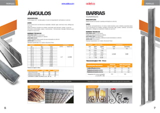 ÁNGULOS
DESCRIPCIÓN
Perfil angular a90° dealasiguales, en acero debajaaleación,laminadosen caliente.
USOS
En la construcción de estructuras espaciales, celosías, vigas, columnas, arcos, diafragmas,
cerchas.
Metal-mecánica: Industria de muebles, carrocerías para vehículos, puertas, ventanas.
Elementos ornamentales, verjas y cerramientos. Herramientas manuales. Refuerzo para
anclaje de maquinaria.
NORMAS TÉCNICAS
NTEINEN 2215(Ecuatoriana)
Perfiles de acero laminadosen caliente.
NTEINEN 2224
Perfiles angulares estructurales de acero laminados al caliente.
ASTMA36(Americana)
Standard Specification for Carbon Structural Steel
Aplicaciones
PERFILES
PERFILES www.adelca.com
Tolerancia de longitud: ±50mm
DIMENSIÓN MASA NOMINAL TOLERANCIAS
mm kg/m kg/6m Ala mm Espesor mm
20 x 2 0,59 3,612
± 1 ± 0,50
20 x 3 0,871 5,226
25 x 3 1,107 6,642
25 x 4 1,444 8,664
25 x 6 2,072 12,432
30 x 3 1,342 8,052
30 x 4 1,758 10,548
30 x 6 2,543 15,258
40 x 3 1,813 10,878
40 x 4 2,386 14,316
40 x 6 3,485 20,910
50 x 3 2,284 13,704
50 x 4 3,014 18,084
50 x 6 4,427 26,562
PROPIEDADES MECÁNICAS kgf/mm2 MPa GradoE185
Límite de fluencia mínimo 24 235 185
Resistencia a la tracción mínima 34 340 300
Resistencia a la tracción máxima 48 470 540
ALARGAMIENTO (%) MÍNIMO CON PROBETA Lo=5,65 * Ao = 26% 18
BARRAS
CUADRADAS
DESCRIPCIÓN
Barras de acero desección cuadrada,laminadosen caliente.
USOS
Se utilizan principalmente en el sector metal-mecánico para múltiples propósitos tales
como manufactura de muebles, cerrajería ornamental, rejas, puertas, ventanas, carrocerías
vehiculares y trabajos de carpintería metálica en general.
NORMAS TÉCNICAS
NTEINEN 2215(Ecuatoriana)
Perfiles de acero laminadosen caliente.
NTEINEN 2222(Ecuatoriana)
Barras cuadradas,redondasy pletinas de acero laminadasen caliente.
ASTMA36(Americana)
Standard Specification for Carbon Structural Steel
Aplicaciones
Se producen en longitudes estándar de 6m - Longitudes especiales bajo pedido. Se producen en longitudes estándar de 6m - Longitudes especiales bajo pedido.
T
o
le
r
a
n
c
iadelongitud:+100/ -10mm
DIMENSIÓN MASA NOMINAL TOLERANCIAS
mm kg/m kg/6m Lado Escuadría
5 0,196 1,178 mm mm
5.5 0,237 1,425
± 0,40 0,60
8 0,502 3,012
9 0,636 3,816
11 0,950 5,700
15 1,766 10,596
PROPIEDADES MECÁNICAS
ASTMA36 INEN 2215gradoE185
Kgf/ mm2 MPa Kgf/ mm2 MPa
LímitedeFluenciamínimo 25 250 19 185
Resistenciaalatracciónmínima 40 400 30 300
Resistenciaalatracciónmáxima 56 550 55 540
Alargamiento (%) mínimo con probeta
Lo=5,65 * Ao = 26%
21% 18%
6 7
 