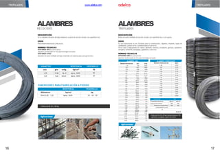 TREFILADOS
RECOCIDOS
ALAMBRES
Longitudes y tamaños especiales bajo pedido.
Rollos de 20, 40 y 50 kg.
DIMENSIONES PARA FABRICACIÓN A PEDIDO
Milímetros
RESISTENCIA
kg/cm2
PESO/ROLLO
kg
Entre 4,20 - 1,25 Aprox. 3600 20 - 40 - 50
DIÁMETRO RESISTENCIA PESO/ROLLO
mm g/m m/kg kg/cm2 kg
1,70 17,82 56,12 Aprox. 3600 40
1,25 9,63 103,81 Aprox. 3600 20
DESCRIPCIÓN
Es un alambre de acero de bajaresistencia (suave) de sección circular con superficie lisa.
USOS
Para amarreestructural y de pacas.
NORMAS TÉCNICAS
NTEINEN 1
5
1
1(Ecuatoriana)
Alambre conformado en frío para hormigón armado.
NTEINEN 2480
Alambre de acero trefilado de bajo contenido de carbono para usos generales.
TREFILADOS
Aplicaciones
TREFILADOS
ALAMBRES
Rollos de: 20, 40 y 50 kg.Canastas hasta de 700
kg.Rollos corrugados a partir de 4,0mm
Diámetro Nominal mm kg/m
4,00 0,099
4,20 0,109
4,50 0,125
4,80 0,142
5,00 0,154
5,50 0,187
6,00 0,222
6,35 0,249
6,50 0,260
7,00 0,302
7,50 0,347
8,00 0,395
9,00 0,499
9,50 0,556
10,00 0,617
12,00 0,888
DESCRIPCIÓN
Rollos de acero trefilado de sección circular con superficie lisa o corrugada.
USOS
Su uso estructural es en: Estribos para la construcción, viguetas, mojones, tapas de
canalización, postes de luz y prefabricados en general.
Otros usos y aplicaciones en: clavos, alambres, resortes, armadores, ganchos, pasadores,
cerrajería, remaches, estropajos, juguetería y adornos.
NORMAS TÉCNICAS
NTEINEN 1
5
1
1(Ecuatoriana)
Alambre conformado en frío para hormigón armado.
ALAMBRE LISO ALAMBRE CORRUGADO
Diámetro Nominalmm g/m m/kg
1,10 7,46 134,05
1,25 9,63 103,81
1,50 13,87 72,09
1,70 17,82 56,12
1,80 19,98 50,06
2,15 28,50 35,09
2,40 35,51 28,16
2,60 41,68 23,99
2,80 48,34 20,69
2,95 53,65 18,64
3,10 59,25 16,88
3,25 65,12 15,36
3,45 73,38 13,63
3,80 89,03 11,23
4,20 108,76 9,19
4,50 124,85 8,01
4,80 142,05 7,04
5,00 154,13 6,49
5,20 166,71 6,00
5,50 186,50 5,36
5,60 193,35 5,17
6,00 221,95 4,51
6,50 260,49 3,84
7,00 302,10 3,31
7,50 346,80 2,88
8,00 394,58 2,53
9,00 499,40 2,00
9,50 556,43 1,80
10,00 616,54 1,62
11,00 746,01 1,34
12,00 887,81 1,13
Grado 50
CORRUGADO LISO
Propiedades Mecánicas kgf/cm2 kgf/cm2
Límite de Fluencia Mínimo 5000 5000
ResistenciaalaTracciónMínima 5500 5500
ALARGAMIENTO Lo=10d
5%
Aplicaciones
www.adelca.com
16 17
 