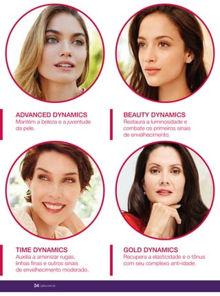 34 | jafrausa.com
GOLD DYNAMICSGOLD DYNAMICS
Recupera a elasticidade e o tônusRecupera a elasticidade e o tônus
com seu complexo anti-idade.com seu complexo anti-idade.
TIME DYNAMICSTIME DYNAMICS
Auxilia a amenizar rugas,Auxilia a amenizar rugas,
linhas ﬁnas e outros sinaislinhas ﬁnas e outros sinais
de envelhecimento moderado.de envelhecimento moderado.
BEAUTY DYNAMICSBEAUTY DYNAMICS
Restaura a luminosidade eRestaura a luminosidade e
combate os primeiros sinaiscombate os primeiros sinais
de envelhecimento.de envelhecimento.
ADVANCED DYNAMICSADVANCED DYNAMICS
Mantém a beleza e a juventudeMantém a beleza e a juventude
da pele.da pele.
34 | jafra.com.br
 