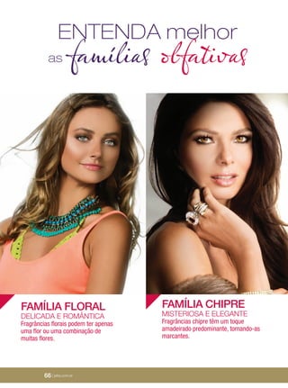 66 | jafrausa.com
ENTENDA melhor
as famílias olfativas
FAMÍLIA FLORAL
DELICADA E ROMÂNTICA
Fragrâncias ﬂorais podem ter apenas
uma ﬂor ou uma combinação de
muitas ﬂores.
FAMÍLIA CHIPRE
MISTERIOSA E ELEGANTE
Fragrâncias chipre têm um toque
amadeirado predominante, tornando-as
marcantes.
66 | jafra.com.br
 