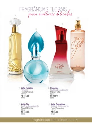XXXXX | jafrausa.com | 71
Jafra Sensation
Colônia Desodorante
Floral Aquático
100 ml
R$ 98,00
80127
D.Latin Fire
Colônia Desodorante
Floral Oriental
50 ml
R$ 115,00
82063
C.
A.
Draumur
Colônia Desodorante
Floral Frutal
50 ml
R$ 122,00
83481
B.Jafra Prestige
Perfume
Floral Oriental
100 ml
R$ 155,00
82983
A.
B.
C.
D.
FRAGRÂNCIAS FLORAIS
para mulheres delicadas
fragrâncias femininas jafra.com.br | 71
 