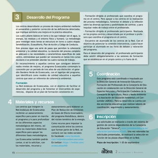 2 A c t u a c i o n e s y R e c u r s o s15
Desarrollo del Programa
Los centros desarrollarán un proceso de mejora ambiental mediante
el autoanálisis y posterior corrección de las deficiencias detectadas,
que implique asimismo una mejora en la práctica educativa.
Los cuatro pilares básicos en torno a los que trabajar son el agua, la
energía, los residuos y el entorno físico y humano. La metodología
para investigar estos temas se estructura en torno a cuatro etapas:
Sensibilización, Ecoauditoría, Plan de Acción y Código de Conducta.
Este proceso sigue una serie de pasos que permiten la coherencia
ambiental y la calidad educativa. La duración del proceso completo
se adecuará a las necesidades y características específicas de cada
centro, estimándose que pueden ser necesarios al menos tres cursos
escolares si se pretenden abordar los cuatro núcleos de trabajo.
En reconocimiento a aquellos centros que consiguen determi-
nados niveles de mejora, el programa Ecoescuelas contempla la
concesión por un periodo de tres años de una distinción: el galar-
dón Bandera Verde de Ecoescuela, con el logotipo del programa,
que identificará como modelo de calidad educativa a aquellos
centros que sean un referente de coherencia ambiental.
Formación
La Red Andaluza de Ecoescuelas, con el objetivo de facilitar el
desarrollo del programa y de fomentar el intercambio de expe-
riencias, dispone de un plan de formación consistente en:
Inscripción
Las solicitudes se realizarán a través del sistema de
gestión de centros dependientes de la Consejería
de Educación “Séneca”, www.juntadeandalucia.es/
educacion/portalseneca/web. Una vez valoradas las
solicitudes presentadas, se realizará la selección en
función de las plazas disponibles en la Red.
Plazo de inscripción: 1-30 de septiembre
6
Coordinación
Este programa está coordinado e impulsado por
la Dirección General de Innovación Educativa y
Formación del Profesorado de la Consejería de Edu-
cación en colaboración con la Dirección General de
Espacios Naturales y Participación Ciudadana de la
Consejería de Agricultura, Pesca y Medio Ambiente
y la Asociación de Educación Ambiental y el Con-
sumidor (ADEAC). Para su desarrollo se cuenta con
dos secretarías educativas que realizan labores de
coordinación, seguimiento y asesoramiento.
5
Materiales y recursos4
3 - Formación dirigida al profesorado que coordina el progra-
ma en el centro. Para apoyar a los centros en la realización
del proceso metodológico, fomentar el debate y la reflexión
sobre las diversas opciones y posibilidades de caminar, y para
impulsar redes de trabajo entre el profesorado.
- Formación dirigida al profesorado participante. Realizada
en los propios centros y desarrollada por el profesor o profe-
sora que coordina el programa en el centro.
- Encuentro de alumnado de los centros de la Red. Con el
objetivo de potenciar la conexión intercentros, y para hacer
partícipe al alumnado en los foros de debate y valoración
del programa.
Para el desarrollo del programa el profesorado participante
debe asisitir obligatoriamente a las sesiones de formación
que se establezcan en el propio centro y/o fuera de él.
Los centros que integren la
Red Andaluza de Ecoescuelas
recibirán un asesoramiento
específico para poner en marcha
el programa y/o para profundizar
en los diferentes aspectos
metodológicos del mismo, así
como los materiales didácticos
específicos para apoyar las
diferentes fases metodológicas.
Las Ecoescuelas también podrán
contar, si así lo solicitan, con
los materiales, recursos y
asesoramiento para elaborar un
Plan de Reducción de Emisiones
de Gases de Efecto Invernadero,
del programa KiotoEduca, dentro
del núcleo temático de la energía.
Como recurso para impulsar la
comunicación entre los centros
que forman parte de la Red, se
contará con las redes sociales:
En facebook: www.facebook.
com/redandaluzadeecoescuelas
En twitter: https://twitter.com/
ecoescuelasAND
 