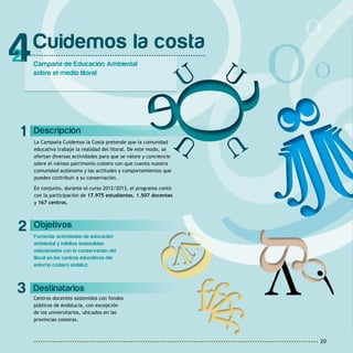 20
)
O
)S
O
OO
2 Objetivos
Fomentar actividades de educación
ambiental y hábitos sostenibles
relacionados con la conservación del
litoral en los centros educativos del
entorno costero andaluz.
1 Descripción
La Campaña Cuidemos la Costa pretende que la comunidad
educativa trabaje la realidad del litoral. De este modo, se
ofertan diversas actividades para que se valore y conciencie
sobre el valioso patrimonio costero con que cuenta nuestra
comunidad autónoma y las actitudes y comportamientos que
pueden contribuir a su conservación.
En conjunto, durante el curso 2012/2013, el programa contó
con la participación de 17.975 estudiantes, 1.507 docentes
y 167 centros.
Cuidemos la costa
Campaña de Educación Ambiental
sobre el medio litoral
4
3 Destinatarios
Centros docentes sostenidos con fondos
públicos de Andalucía, con excepción
de los universitarios, ubicados en las
provincias costeras.
 