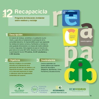 36
+papel y cartón
envases
ligeros
materia orgánica
vidrio
1
2 Objetivos
Informar e implicar a la comunidad
educativa en la disminución de la
generación de todo tipo de residuos, y en
especial de envases y vidrios, así como
en su adecuada separación en origen
y reflexionar sobre las implicaciones
ambientales del consumo.
Descripción
En materia de residuos, sensibilizar a la población es prio-
ritario, y para ello es fundamental la participación de la
comunidad educativa. Es imprescindible asumir que separando
los residuos de manera correcta y facilitando su reciclaje se
está ayudando directamente a la mejora del medio ambiente
a corto y largo plazo. Este programa se puso en marcha con
gran éxito en el curso 2011-2012. Durante el curso 2012-2013,
la participación fue de 179 centros, 24.301 estudiantes y
2.584 docentes.
Recapacicla
Programa de Educación Ambiental
sobre residuos y reciclaje
12
3 Destinatarios
Centros sostenidos con
fondos públicos que imparten
Educación Secundaria
Obligatoria, Bachillerato, Ciclos
Formativos y Escuelas de Arte.
 