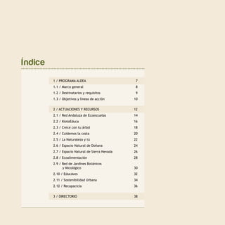 Índice
1 / PROGRAMA ALDEA	 7
1.1 / Marco general	 8
1.2 / Destinatarios y requisitos	 9
1.3 / Objetivos y líneas de acción	 10
2 / ACTUACIONES Y RECURSOS	 12
2.1 / Red Andaluza de Ecoescuelas	 14
2.2 / KiotoEduca	 16
2.3 / Crece con tu árbol	 18
2.4 / Cuidemos la costa	 20
2.5 / La Naturaleza y tú	 22
2.6 / Espacio Natural de Doñana	 24
2.7 / Espacio Natural de Sierra Nevada	 26
2.8 / Ecoalimentación	 28
2.9 / Red de Jardines Botánicos
y Micológico	 30
2.10 / EducAves	 32
2.11 / Sostenibilidad Urbana	 34
2.12 / Recapacicla	 36
3 / DIRECTORIO	 38
 