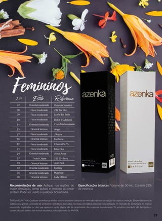 TABELA OLFATIVA | Qualquer semelhança olfaava com os produtos clássicos do mercado não tem conotação de cópia ou imitação. Disponibilizamos ao
público uma grande variedade de perfumes contraapos, baseados nas notas aromáácas clássicas mais uulizadas no mercado de perfumaria. As marcas
comerciais, registradas ou não, que aparecem nesta página são de propriedade das empresas mencionadas. Os produtos Azenka® são fabricados e
comercializados dentro das normas brasileiras, sob supervisão da ANVISA.
Recomendações de uso: Aplique nas regiões de
maior circulação, como pulsos e pescoço ou onde
preferir. Pode ser usado a qualquer hora do dia.
Especiﬁcações técnicas: Volume de 50 mL. Contém 25%
de essência.
EstiloNº Referência
07
Floral moderado
Floral moderado
Floral moderado
Floral moderado
Frutal Chipre
Floral moderado
Floral moderado
08
09
10
14
Oriental intenso
Oriental intenso
Oriental intenso
Oriental intenso
Oriental moderado
Oriental moderado
Oriental moderado
Oriental moderado
Oriental moderado
15
17
18
19
21
24
27
33
34
36
Gabriela Sabaani
212 For Her
La Vie Est Belle
Dolce e Gabbana
Coco Mademoiselle
Angel
J’Adore
Euphoria
Channel N. º5
Miss Dior
Amor Amor
212 CH Sexy
Jean Paul
Fantasy
Hypnose
Lady Million38
29
 