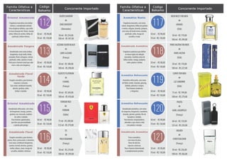 Família Olfativa e
Floral frutal, com notas de freesia,
jasmim, âmbar e almíscar. Para
mulheres elegantes e modernas.
MIRACLE
de
LANCÔME
(França)
30 ml - R$ 209,00
50 ml - RS 304,00
50 ml - R$ 98,00
70 ml - R$ 130,00
02
Amadeirado Floral
Concorrente ImportadoCódigoFamília Olfativa e
Características
Fragrância marcante, com notas
calone, bergamota, folhas de gerânio
e menta, orégano, lavanda, junípero,
com notas de fundo temos sândalo,
patchouli, cedro, musgo de
carvalho e musk.
NEWWEST FOR MEN
de
ARAMIS
(EUA)
50 ml - R$ 179,00
100 ml - RS 299,00
50 ml - R$ 98,00
70 ml - R$ 130,00
117
Aromático Rustic
Concorrente Importado
Fragrância audaciosa que define
as novas regras da sedução
masculina. Combina notas de
folhas verdes, manga, junípero,
cedro, pepino e âmbar.
PARIS HILTON FOR MEN
de
PARIS HILTON
(EUA)
50 ml - R$ 170,00
100 ml - RS 227,00
50 ml - R$ 98,00
70 ml - R$ 130,00
118
Amadeirado Aromático
Aromático refrescante, com notas
de folhas verdes, lavanda, ginseng,
sândalo, pimenta e mogno.
Para homens modernos
e elegantes.
CURVE FOR MEN
de
LIZ CAIBORNE
(EUA)
75 ml - R$ 199,00
100 ml - RS 279,00
50 ml - R$ 98,00
70 ml - R$ 130,00
119
Aromático Refrescante
Amadeirado aromático, com notas
de tangerina, bergamota, mandarim,
lavanda, jasmim, gerânio, flor de
laranjeira e sândalo.
Para homens conquistadores,
atrevidos e que vivem a vida
com paixão e energia.
PHOTO
de
KARL LAGERFELD
(França)
60 ml - R$ 159,00
125 ml - RS 259,00
50 ml - R$ 98,00
70 ml - R$ 130,00
120
Aromático Refrescante
Fresco aromático,
com notas de pêra,
flores de alecrim,
cipreste e almíscar.
Para o homem determinado
e completamente positivo.
HIGHER
de
CHRISTIAN DIOR
(França)
50 ml - R$ 256,00
100 ml - RS 366,00
50 ml - R$ 98,00
70 ml - R$ 130,00
121
Amadeirado Aromático
Família Olfativa e
Características
Fragrância masculina com âmbar
intenso, e amadeirada oriental.
Uma elegância infinita, cujo estilo
se torna inesquecível. Notas: laranja
pittar, folhas de coentro, folhas de
patchouli, âmbar intenso.
SILVER SHADOW
de
ZINO DAVIDOFF
(Alemanha)
50 ml - R$ 254,00
100 ml - RS 397,00
50 ml - R$ 98,00
70 ml - R$ 130,00
112
Oriental Amadeirado
Concorrente Importado
Amadeirado como notas âmbar,
bergamota, maçã verde, limão,
coriandro, flores selvagens, vetiver,
patchouli, cedro, cipreste e musk.
Feito para o homem atual que sabe
viver a vida com elegância.
AZZARO SILVER BLACK
de
LORIS AZZARO
(França)
50 ml - R$ 189,00
100 ml - RS 298,00
50 ml - R$ 98,00
70 ml - R$ 130,00
113
Amadeirado Fougére
Fougére aromático, para homens
luxuosos e sensuais.
Suas notas combinam lavanda,
alecrim, gerânio, cedro,
âmbar e sândalo.
EGOISTE PLATINUM
de
CHANEL
(França)
50 ml - R$ 369,00
100 ml - RS 439,00
50 ml - R$ 98,00
70 ml - R$ 130,00
114
Amadeirado Floral
Verde
Amadeirado refrescante, com notas
de bergamota, laranja, jasmim,
gerânio, noz-moscada, madeira
de cedro e sândalo.
Para homens apaixonados,
que têm rara personalidade
e paixão pelo perigo.
FERRARI RED
de
FERRARI
(Itália)
75 ml - R$ 209,00
125 ml - RS 279,00
50 ml - R$ 98,00
70 ml - R$ 130,00
115
Oriental Amadeirado
Fougére aromático, para homens
jovens, livres, provocantes e atraentes.
Suas notas combinam bergamota,
coentro, hortelã silvestre, gerânio,
melão, tabaco, couro, musgo de
carvalho, sândalo e almíscar.
XS
de
PACO RABANNE
(França)
50 ml - R$ 219,00
100 ml - RS 299,00
50 ml - R$ 98,00
70 ml - R$ 130,00
116
Amadeirado Floral
Código
Balsamo
Código
Balsamo
 