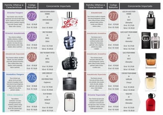 Família Olfativa e
Floral frutal, com notas de freesia,
jasmim, âmbar e almíscar. Para
mulheres elegantes e modernas.
MIRACLE
de
LANCÔME
(França)
30 ml - R$ 209,00
50 ml - RS 304,00
50 ml - R$ 98,00
70 ml - R$ 130,00
02
Amadeirado Floral
Concorrente ImportadoCódigoFamília Olfativa e
Características
Para o homem moderno e elegante.
Com notas de bergamota, cipreste,
violeta, folhas de tabaco, jasmim,
patchouli, âmbar, incenso,
acordes couro, folhas de
violeta e calone.
GUCCI BY GUCCI POUR
HOMME
de
GUCCI
(Alemanha)
50 ml - R$ 279,00
100 ml - RS 399,00
50 ml - R$ 98,00
70 ml - R$ 130,00
277
Amadeirado
Concorrente Importado
Para homens sexy’s e
determinados. Suas notas
combinam lavanda, limão
italiano, flor de laranjeira,
patchoulli, cedro, tangerina,
pimenta rosa, âmbar
e sândalo.
GUCCI GUILTY POUR HOMME
de
GUCCI
(Alemanha)
50 ml - R$ 279,00
100 ml - RS 379,00
50 ml - R$ 98,00
70 ml - R$ 130,00
278
Amadeirado Aromático
Para o homem sensual,
marcantee sofisticado. Com
notas de bergamota, cipreste,
violeta, folhas de tabaco, jasmim,
patchouli, âmbar, incenso
e acordes couro.
GUCCI POUR HOMME
de
GUCCI
(Alemanha)
50 ml - R$ 279,00
100 ml - RS 399,00
50 ml - R$ 98,00
70 ml - R$ 130,00
279
Amadeirado Aromático
Para homens sensuais.
Com notas de frutas cítricas,
anis estrelado, elemi, jasmim,
néroli, chá verde, sândalo,
patchouli, cedro da virgínia,
cacau, cristais badiana
e hibisco.
L’INSTANT POUR HOMME
de
GUERLAIN
(França)
50 ml - R$ 289,00
100 ml - RS 399,00
50 ml - R$ 98,00
70 ml - R$ 130,00
280
Amadeirado Especiado
Para o homem que pensa que
ultrapassar limites e quebrar
convenções é necessário para
criar algo novo e único. Com notas
de grapefruit, ruibarbo, cedro e
acorde quente de âmbar.
HUGO RED
de
HUGO BOSS
(Alemanha)
50 ml - R$ 239,00
100 ml - RS 389,00
50 ml - R$ 98,00
70 ml - R$ 130,00
281
Oriental Especiado
Família Olfativa e
Características
Para o homem único e de estilo
excepcional. Com notas de dália negra,
alecrim, madeira de caxemira, couro,
mogno, almíscar, patchouli, tangerina,
maçã verde, lavanda, violeta,
âmbar, cedro e camurça.
DAVID BECKHAM URBAN
HOMME
de
DAVID BECKHAM
(EUA)
50 ml - R$ 100,00
50 ml - R$ 98,00
70 ml - R$ 130,00
272
Oriental Fougére
Concorrente Importado
Para o homem confiante,
decidido, misterioso, e rebelde
num aroma sexy, masculino e
vibrante. Com notas de maçã,
pimenta bourbon, âmbar-tatos,
benjoim, tabaco e patchouli.
ONLYTHE BRAVE
de
DIESEL
(Itália)
50 ml - R$ 279,00
100 ml - RS 389,00
50 ml - R$ 98,00
70 ml - R$ 130,00
273
Oriental Amadeirado
Para o homem confiante, decidido e
vibrante. Suas notas combinam
maçã verde, pimenta de bourbon,
sálvia, madeira âmbar-tatos,
benjoim, acorde amadeirado,
tabaco e patchouli.
ONLYTHE BRAVETATTOO
de
DIESEL
(Itália)
50 ml - R$ 299,00
100 ml - RS 399,00
50 ml - R$ 98,00
70 ml - R$ 130,00
274
Amadeirado Especiado
Para os homens que
gostam de ter um cheiro
marcante em qualquer missão.
Com notas de maçã, bergamota,
gerânio, lavanda, cardamomo,
espinho de rosas,vetiver,
patchuli e sândalo.
JAMES BOND 007
de
EON PRODUCTIONS
(Inglaterra)
75 ml - R$ 199,00
125 ml - RS 299,00
50 ml - R$ 98,00
70 ml - R$ 130,00
275
Aromático Fougere
Para mulheres
envolventes. Com notas
de bergamota da silícia,
mandarina, pomelo, laranja
amarga, madeira amyris,
flor de café, pimenta negra,
vetiver e patchouli.
PLAY FOR MEN
de
GIVENCHY
(França)
50 ml - R$ 189,00
100 ml - RS 319,00
50 ml - R$ 98,00
70 ml - R$ 130,00
276
Citrus Aromatico
Código
Balsamo
Código
Balsamo
 
