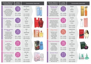 Família Olfativa e
Floral frutal, com notas de freesia,
jasmim, âmbar e almíscar. Para
mulheres elegantes e modernas.
MIRACLE
de
LANCÔME
(França)
30 ml - R$ 209,00
50 ml - RS 304,00
50 ml - R$ 98,00
70 ml - R$ 130,00
02
Amadeirado Floral
Concorrente ImportadoCódigoFamília Olfativa e
Características
Floral amadeirado,
para a mulher
elegante, sofisticada e
extremamente sensual.
Suas notas combinam gardênia,
ylang-ylang, noz-moscada,
baunilha, âmbar, cedro e sândalo.
ORGANZA
de
GIVENCHY
(França)
50 ml - R$ 269,00
100 ml - RS 379,00
50 ml - R$ 98,00
70 ml - R$ 130,00
23
Oriental Floral
Amadeirado
Concorrente Importado
Código
Balsamo
Fragrância floral refrescante,
possui uma mistura de lírio
branco, lilás, rosa e violeta com
um toque suave de
madeira de sândalo.
Indicado para mulheres clássicas.
Para uso casual.
PLEASURES
de
ESTÉE LAUDER
(França)
50 ml - R$ 259,00
100 ml - RS 329,00
50 ml - R$ 98,00
70 ml - R$ 130,00
24
Floral Flores Brancas
Chipre floral, com notas
de jasmim, jacinto,
rosa, íris, musgo
de carvalho, pêssego,
sândalo e patchouli.
Para mulheres
jovens e sensuais.
PALOMA PICASSO
de
PALOMA PICASSO
(França)
50 ml - R$ 299,00
100 ml - RS 398,00
50 ml - R$ 98,00
70 ml - R$ 130,00
25
Chipre Floral
Floral frutal aromático,
com notas de coentro,
erva-doce,
flor de laranjeira,
framboesa e groselha.
Para mulheres excitantes,
sedutoras e ousadas.
POISON
de
CHRISTIAN DIOR
(França)
50 ml - R$ 239,00
100 ml - RS 459,00
50 ml - R$ 98,00
70 ml - R$ 130,00
26
Floral Flores Brancas
Floral refrescante,
para a mulher
jovem e moderna.
Suas notas combinam limão,
tangerina, ameixa, abacaxi,
lírio-do-vale , rosa, íris, sândalo,
âmbar, almíscar e baú.
LAGUNA
de
SALVADOR DALI
(EUA)
50 ml - R$ 140,00
100 ml - RS 249,00
50 ml - R$ 98,00
70 ml - R$ 130,00
27
Oriental Floral
Família Olfativa e
Características
Frutal refrescante,
com notas de bergamota,
tangerina, amora, groselha preta,
maracujá, almíscar e âmbar.
Para a mulher que prefere
seduzir através de um
charme inocente.
ANGEL INNOCENT
de
THIERRY MUGLER
(França)
25 ml - R$ 249,00
50 ml - RS 339,00
50 ml - R$ 98,00
70 ml - R$ 130,00
18
Oriental Frutal
Concorrente Importado
Código
Balsamo
Floral oriental,
com notas de jasmim,
sândalo, rosa,
narciso e baunilha.
Para mulheres lindas,
sedutoras
e sensuais.
SAMSARA
de
GUERLAIN
(França)
50 ml - R$ 288,00
100 ml - RS 390,00
50 ml - R$ 98,00
70 ml - R$ 130,00
19
Oriental Amadeirado
Extremamente sensual
esta fragrância inspira
um passeio á beira mar.
Floral oceânico, para a mulher
doce, sutil e brilhante.
Suas notas combinam lírio,
peônia, líquen e âmbar.
DUNE
de
CHRISTIAN DIOR
(França)
50 ml - R$ 275,00
100 ml - RS 385,00
50 ml - R$ 98,00
70 ml - R$ 130,00
20
Oriental Vanílico
Âmbar
Floral frutal,
para a mulher sensual
e sedutora.
Suas notas combinam
bergamota, damasco,
baunilha, almíscar
e sândalo.
LOU LOU
de
CACHAREL
(França)
30 ml - R$ 259,00
50 ml - RS 332,00
50 ml - R$ 98,00
70 ml - R$ 130,00
21
Floral Frutal
Buquê floral, para a mulher
doce, natural, extremamente
feminina e sensual.
Suas notas combinam
flor de laranjeira, tangerina,
jasmim, sândalo,
cedro e âmbar.
ANAIS ANAIS
de
CACHAREL
(França)
50 ml - R$ 259,00
100 ml - RS 369,00
50 ml - R$ 98,00
70 ml - R$ 130,00
22
Floral Flores Brancas
 