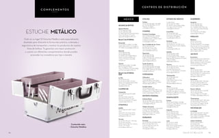 C E NT ROS D E D IST RIBU C IÓ N
ESTUCHE METÁLICO
¡Todo en su lugar! El Estuche Metálico está especialmente
diseñado para ofrecerte la forma más práctica, ordenada y
ergonómica de transportar y mostrar los productos de nuestra
línea de belleza. Te garantiza una mayor protección
y cuenta con diferentes compartimentos donde puedes
acomodar tus cosméticos por tipo o tamaño
Contenido neto:
1 Estuche Metálico
C O M P L E M E N T O S
7574
MÉXICO
AGUASCALIENTES
Aguascalientes
Tel. (01 449) 993 0878
Fax (01 449) 993 0680
Av. Aguascalientes Poniente #1309
Fracc. Las Brisas, CP 20010
aguascalientes@omnilife.com
BAJA CALIFORNIA
Ensenada
Tel. (01 646) 173 5838 / 173 5882
Calle Estancia #20, Col. Acapulco,
CP 22890, ensenada@omnilife.com
Mexicali
Tel. (01 686) 554 1565
Fax (01 686) 554 2188
Av. Adolfo López Mateos #551-13,
Centro Comercial ABSA, Col.
Centro, CP 21000, mexicali@
omnilife.com
Tijuana
Tel. (01 664) 621 2859 / 621 3858
Blvd. Insurgentes #15220,
Fracc. Los Álamos, C.P. 22110, Deleg.
La Mesa, tijuana@omnilife.com
BAJA CALIFORNIA
SUR
La Paz
Tel. (01 612) 122 5415
Fax (01 612) 122 5416 / 122 5427
Héroes de la Independencia #378,
Col. Centro, CP 23000,
lapaz@omnilife.com
CAMPECHE
Campeche
Tel. (01 981) 812 5214/ 812 5498/
812 5128
Francisco Field Jurado # 6,
Plaza Ah Kim Pech, Col. San
Francisco Campeche, CP 24010
campeche@omnilife.com
COAHUILA
Saltillo
Tel. (01 844) 416 4578 / 5578 /
5730
José García de Letona #1141,
Col. Universidad, CP 25260
saltillo@omnilife.com
Torreón
Tel. (01 871) 718 3771 / 718 2094
Tel. (01 871) 793 8915
Matías Román #461 Sur, Colonia
Centro, CP 27000,
torreon@omnilife.com
COLIMA
Colima
Tel. (01 312) 313 9431 / 313 9658
Av. Camino Real #415, Col. El
Diezmo, CP 28015,
colima@omnilife.com
CHIAPAS
Frontera Comalapa
Tels. (01 963) 631 1629 / 631 1615
Carretera Int. Comalapa-Cd.
Cuauhtémoc Km. 1, predio rústico
La Aurora, CP 30140,
comalapa@omnilife.com
San Cristóbal de las Casas
Tel. (01 967) 631 6068
Eje Vial 1 s/n loc. 6, 7 y 8,
Col. Los Pinos, CP 29260
sancristobal@omnilife.com
Tapachula
Tel. (01 962) 118 2535
Fax (01 962) 118 2538
Calle 17 Oriente esq. 13 Norte s/n,
Col. Centro, CP 30700
tapachula@omnilife.com
Tuxtla Gutiérrez
Tel. (01 961) 614 4637
Fax (01 961) 614 4635 /614 4638
Blvd. Ángel Albino Corzo #138,
Col. Castillo Tieleman, CP 29070
tuxtla@omnilife.com
CHIHUAHUA
Chihuahua
Tel. (01 614) 414 6798
Lateral Periférico Ortiz Mena
#3507, Col. San Felipe, CP 31240
chihuahua@omnilife.com
Ciudad Juárez
Tel. (01 656) 625 3390
Antonio J. Bermúdez 2081, Loc 5 y
6, Parque Ind. A. J. Bermúdez, CP
32420, cdjuarez@omnilife.com
DISTRITO FEDERAL
Colonia Roma
Tel. (01 55) 5564 7218 / 5264 2202
Mérida #131, CP 06700, México, D.F.
colroma@omnilife.com
Tlalpan (Acoxpa)
Tel. (01 55) 5424 4491 / 5424 4095
Calzada de Tlalpan #4253,
Col. Bosques de Tetlameya,
Deleg. Coyoacán, CP 04730,
tlalpan@omnilife.com
DURANGO
Durango
Tel. (01 618) 825 3697/825 3698
Blvd. Durango #132, Fracc.
Camino Real Municipio de
Durango, CP 34170
durango@omnilife.com
ESTADO DE MÉXICO
Ciudad Neza
Tel. (01 55) 5797 6868
Av. Adolfo López Mateos #484,
Col. Agua Azul, CP 57708
cdneza@omnilife.com
Cuautitlán
Tel. (01 55) 5870 1447
Av. 20 de noviembre #219
Col. Centro, CP 54800
cuautitlan@omnilife.com
Ecatepec
Tel. (01 55) 5116 3871
Vía Morelos Km. 20, lote 3, mz 4
#255, Col. Nuevo Laredo Tulpetlac,
CP 55080,
ecatepec@omnilife.com
Satélite
Tel. (01 55) 5562 0248
Fax (01 55) 5393 9083
Circuito Ingenieros #6-A, Planta
Baja, esq. Raúl Sandoval, CP 53100
Colonia Satélite
satelite@omnilife.com
Texcoco
Tel. (01 595) 954 4176 / 954 3591
Tel. (01 595) 954 4005
Cerrada Moctezuma #5,
Fracc. Los Ahuehuetes, CP 56190
texcoco@omnilife.com
Tlalnepantla
Tel: (01 55) 5384 1037
Fax 5384 1038
Calle Toltecas #54 Col. San
Javier, CP 54160
tlalnepantla@omnilife.com
Toluca
Tel. (01 722) 214 7422
Av. Sebastián Lerdo de Tejada
#406 Pte, esq. Ignacio La Llave,
Col. Barrio La Retama, CP 50040
toluca@omnilife.com
GUANAJUATO
Celaya
Tel. (01 461) 615 3856 / 615 3857
Francisco Juárez #914, local A, Col.
Los Ángeles, CP 38040,
celaya@omnilife.com
Irapuato
Tel. (01 462) 627 2245
Fax (01 462) 626 4973
Primero de Mayo #520, Col.
Centro CP 36500,
irapuato@omnilife.com
León
Tel. (01 477) 711 2608
Fax (01 477) 711 1370
Blvd. Torres Landa #2609-A,
Col. Azteca, CP 37520
leon@omnilife.com
GUERRERO
Acapulco
Tel. (01 744) 481 3322
Fax (01 744) 481 3324
Av. Cristóbal Colón #100, esq.
Vasco de Gama, Plaza Bombay,
loc. 105 y 106,
Col. Costa Azul, CP 39850
acapulco@omnilife.com
HIDALGO
Pachuca
Tel. (01 771) 713 2101
Fax (01 771) 713 4100
Carretera Pachuca- Cd. Sahagún
#321, Km 3.8, Col. Zona Industrial
La Paz, frente bodega Alpura casi
esq. Trébol La Paz, CP 42092,
pachuca@omnilife.com
JALISCO
EcoCentro
Tel. (01 33) 3624 5223 / 3624 5224
Prol. Américas #268, Col. Loma
Blanca, Zapopan Frente al Hospital
ISSSTE de Zapoan, CP 45167,
ecocentro@omnilife.com
Patria
Tel. (01 33) 3673 2860
Fax (01 33) 3673 4399 / 3673 2988
Av. Patria #328, Col. Jardines de la
Patria, CP 45129, Zapopan
patria@omnilife.com
Prisciliano
Tel. (01 33) 3613 1989 / 3613 1954
Prisciliano Sánchez #425, Col.
Centro, CP 44100, Guadalajara
prisciliano@omnilife.com
Puerto Vallarta
Tel. (01 322) 225 8277 / 225 8218
Tel. (01 322) 225 6955
Liverpool #180, Col. Versalles,
CP 48310 vallarta@omnilife.com
Tlaquepaque
Tel. (01 33) 3690 5918 / 3690 5919
Av. Niños Héroes #709, local 1,
Col. Centro, CP 45400, Tonalá
tlaquepaque@omnilife.com
MICHOACÁN
La Piedad
Tel. (01 352) 525 4476 / 525 4477
Blvd. Lázaro Cárdenas #545,
Fracc. Peña, CP 59389, La Piedad
lapiedad@omnilife.com
Lázaro Cárdenas
Tel. (01 753) 537 3669 /
(01 753) 537 3792
Lázaro Cárdenas #430,
Col. José Green, CP 60950
lazarocardenas@omnilife.com
SALUD ES BELLEZA
 