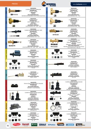80
FREIOS www.bodipasa.com.br
DESCRIÇÃO:
CILINDRO MESTRE
REFERÊNCIAS:
15/905504 - 15/920839
APLICAÇÃO PRINCIPAL:
JCB 214S
DESCRIÇÃO:
CILINDRO MESTRE
REFERÊNCIAS:
945.800 / 963199
REPAROS:
945025
APLICAÇÃO PRINCIPAL:
MICHIGAN 125
DESCRIÇÃO:
CILINDRO MESTRE
REFERÊNCIAS:
15/920110 - 15/910800
APLICAÇÃO PRINCIPAL:
JCB 214 SERIE 3
DESCRIÇÃO:
CILINDRO MESTRE 7/8”
REFERÊNCIAS:
15/920402
APLICAÇÃO PRINCIPAL:
JCB 3C / 3C21E
JCBJCB
JCB
DESCRIÇÃO:
CILINDRO MESTRE DE FREIO
REFERÊNCIAS:
82006194 - 85019994 - 87343615
REPAROS:
82006194R - 82018664R - 87343615R
APLICAÇÃO PRINCIPAL:
TRATORES TM110-120-130-140-135-150-165-180 /
TL65-70-80-90-100 / TS90-120
DESCRIÇÃO:
CILINDRO AUXILIAR DE EMBREAGEM
REFERÊNCIAS:
5177914 - 5119605
REPAROS:
9960040
APLICAÇÃO PRINCIPAL:
TRATORES 8430-8630-8830-TM110-TM120-TM130-TM140
DESCRIÇÃO:
CILINDRO DE RODA
REFERÊNCIAS:
336726 - 466347 - 80336726
REPAROS:
466334 - 359503
APLICAÇÃO PRINCIPAL:
COLHEITADEIRAS 1530 - 4040 - 5050
DESCRIÇÃO:
CILINDRO MESTRE
REFERÊNCIAS:
9509901 - 89509901
REPAROS:
9817544 - 9509901R
APLICAÇÃO PRINCIPAL:
COLHEITADEIRAS TC55 - TC57
DESCRIÇÃO:
CILINDRO DE RODA
REFERÊNCIAS:
9509902 - 89509902
REPAROS:
9817543
APLICAÇÃO PRINCIPAL:
COLHEITADEIRAS TC55 - TC57
DESCRIÇÃO:
CILINDRO MESTRE DE EMBREAGEM 18MM
REFERÊNCIAS:
356353 - 80356353
REPAROS:
359494 - 80359494
APLICAÇÃO PRINCIPAL:
COLHEITADEIRAS TC55 - TC57
DESCRIÇÃO:
CILINDRO DE RODA 7/8’
REFERÊNCIAS:
821953 - 336727
REPAROS:
821952
APLICAÇÃO PRINCIPAL:
COLHEITADEIRAS 8040 - 8055
DESCRIÇÃO:
CILINDRO MESTRE 18MM
REFERÊNCIAS:
466350 - 80336728
REPAROS:
466346
APLICAÇÃO PRINCIPAL:
COLHEITADEIRAS 1530 - 4040 - 5050 - 8040 - 8055
FNHFNHFNHFNH
FNHFNHFNHFNH
DESCRIÇÃO:
CILINDRO MESTRE
REFERÊNCIAS:
2834478 - 3590420 - 01646T1
061649T1 - 020505T1
REPAROS:
2710901 - 2834478M91R
APLICAÇÃO PRINCIPAL:
TRATORES E COLHEITADEIRAS
DESCRIÇÃO:
CILINDRO ESCRAVO DO FREIO AUXILIAR
(HASTE QUADRADA)
REFERÊNCIAS:
020543T1
REPAROS:
020543T1R - 020542T1R
APLICAÇÃO PRINCIPAL:
TRATORES MF 630-640-650-660-680
DESCRIÇÃO:
CILINDRO ESCRAVO DO FREIO AUXILIAR
(HASTE ROSCA)
REFERÊNCIAS:
020542T1
REPAROS:
020543T1R - 020542T1R
APLICAÇÃO PRINCIPAL:
TRATORES MF 9150-9170
MASSEYFERGUSONMASSEYFERGUSON
MASSEYFERGUSON
DESCRIÇÃO:
VÁLVULA EQUALIZADORA MASSEY FERGUSON
REFERÊNCIAS:
117505533800
APLICAÇÃO PRINCIPAL:
TRATORES E COLHEITADEIRAS
MASSEYFERGUSON
DESCRIÇÃO:
CILINDRO DE RODA 1 3/4”
REFERÊNCIAS:
6200108 - 4B8759 - 5T7161
REPAROS:
6101107 - 940.130 - 6.202.240
APLICAÇÃO PRINCIPAL:
HUBER
DESCRIÇÃO:
CILINDRO MESTRE DUPLO
REFERÊNCIAS:
6300037 - 413527
REPAROS:
6100291
APLICAÇÃO PRINCIPAL:
HUBER
HUBERWARGO
HUBERWARGO
DESCRIÇÃO:
CILINDRO DE RODA 1 3/4”
REFERÊNCIAS:
811616 - 6200108
REPAROS:
133.926 - 940.130 6.202.240
APLICAÇÃO PRINCIPAL:
HYSTER
HYSTER
DESCRIÇÃO:
CILINDRO DE RODA 1 3/4”
REFERÊNCIAS:
107014 - 124251 - 3319895
REPAROS:
940130
APLICAÇÃO PRINCIPAL:
55 - 75
DESCRIÇÃO:
CILINDRO DE RODA 2” DIANTEIRO
REFERÊNCIAS:
112072 - 3338066
REPAROS:
957995
APLICAÇÃO PRINCIPAL:
55 - 75
DESCRIÇÃO:
CILINDRO MESTRE MICHIGAN 75
REFERÊNCIAS:
945.039 - 947.740
5.293.515 - 961123
REPAROS:
945.041 - 5.295.09
APLICAÇÃO PRINCIPAL:
55 - 75
MICHIGANMICHIGAN
MICHIGANMICHIGAN
 