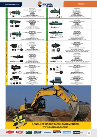81
www.bodipasa.com.br FREIOS
DESCRIÇÃO:
CILINDRO AUXILIAR DE RODA ESQUERDO
REFERÊNCIAS:
AZ18762
REPAROS:
DQ13468
APLICAÇÃO PRINCIPAL:
COLHEITADEIRAS 6200-7200-7300-1165-1175-1185
DESCRIÇÃO:
CILINDRO MESTRE DE EMBREAGEM
REFERÊNCIAS:
DQ04033
REPAROS:
DQ05052 - DQ04033R
APLICAÇÃO PRINCIPAL:
COLHEITADEIRA SLC 6200
DESCRIÇÃO:
CILINDRO AUXILIAR 7/8’
REFERÊNCIAS:
AS04030
REPAROS:
AS04034
APLICAÇÃO PRINCIPAL:
COLHEITADEIRAS SLC 1000 A 6200
DESCRIÇÃO:
CILINDRO MESTRE
REFERÊNCIAS:
AZ43106 - DQ47616
REPAROS:
AZ44351 - DQ47617 VEDAÇÕES
APLICAÇÃO PRINCIPAL:
COLHEITADEIRAS 1450-1550-1175-1185
SLC-JOHNDEERESLC-JOHNDEERESLC-JOHNDEERE
SLC-JOHNDEERESLC-JOHNDEERESLC-JOHNDEERE
COLHEITADEIRAS 6200-7200-7300-1165-1175-1185
DESCRIÇÃO:
CILINDRO DE RODA 1 1/4’
REFERÊNCIAS:
811601
REPAROS:
192040
APLICAÇÃO PRINCIPAL:
TRATORES 110-118-128-138-148
DESCRIÇÃO:
REPARO DO CILINDRO DE RODA 1 1/4
REFERÊNCIAS:
811601
REPAROS:
192040
APLICAÇÃO PRINCIPAL:
TRATORES 110-118-128-138-148
DESCRIÇÃO:
CILINDRO MESTRE
REFERÊNCIAS:
661910 - 661911
REPAROS:
80260600 - 663240
APLICAÇÃO PRINCIPAL:
TRATORES 110-118-128-138-148
DESCRIÇÃO:
CILINDRO MESTRE
REFERÊNCIAS:
80249700
REPAROS:
81127400 - 81352300
APLICAÇÃO PRINCIPAL:
TRATORES 685-785-885-980-985-1180-1280-1580-1780
BM85-BM100-BM110-BM120-BH140-BH160-BH180
DESCRIÇÃO:
VÁLVULA EQUALIZADORA DO FREIO
REFERÊNCIAS:
661930
REPAROS:
661930R
APLICAÇÃO PRINCIPAL:
TRATORES 62-65-85-86-110-118-138-148
DESCRIÇÃO:
CILINDRO DE RODA 1 3/8’
REFERÊNCIAS:
30181500
REPAROS:
80260700 - 81519300 - 30181500R
APLICAÇÃO PRINCIPAL:
TRATORES 685-785-885-980-985-1180-1280-1580-1780
BM85-BM100-BM110-BM120-BH140-BH160-BH180
VALMETVALTRA
VALMETVALTRA
VALMETVALTRA
VALMETVALTRAVALMETVALTRA
VALMETVALTRA
DESCRIÇÃO:
CILINDRO DE RODA 1 1/2”
REFERÊNCIAS:
20.348.1001 -L33875
REPAROS:
L35784 - A12865
APLICAÇÃO PRINCIPAL:
YALE
DESCRIÇÃO:
CILINDRO MESTRE DUPLO
REFERÊNCIAS:
7154036002 - 6300037 - 413527
REPAROS:
6100291
APLICAÇÃO PRINCIPAL:
YALE
YALE
YALE
DESCRIÇÃO:
CILINDRO AUXILIAR
REFERÊNCIAS:
AS04029 - AZ28881
REPAROS:
AS04033 - DQ05052
APLICAÇÃO PRINCIPAL:
COLHEITADEIRAS SLC 1000 A 6200
DESCRIÇÃO:
CILINDRO AUXILIAR DE RODA DIREITO
REFERÊNCIAS:
AZ18763
REPAROS:
DQ13468
APLICAÇÃO PRINCIPAL:
COLHEITADEIRAS 6200-7200-7300-1165-1175-1185
CONSULTE OS ÚLTIMOS LANÇAMENTOS
www.bodipasa.com.br
 