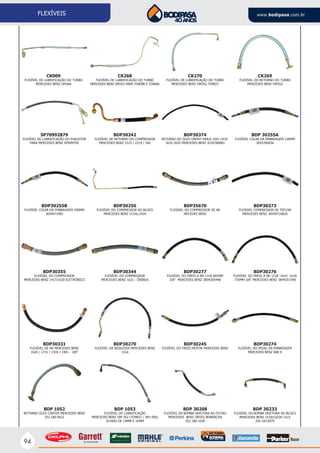 94
FLEXÍVEIS www.bodipasa.com.br
CK009
FLEXÍVEL DE LUBRIFICAÇÃO DO TURBO
MERCEDES BENZ OM366
CK268
FLEXÍVEL DE LUBRIFICAÇÃO DO TURBO
MERCEDES BENZ OM352 PARA TO4EBR E TO4E66
CK270
FLEXÍVEL DE LUBRIFICAÇÃO DO TURBO
MERCEDES BENZ OM352 T04B27
CK269
FLEXÍVEL DO RETORNO DO TURBO
MERCEDES BENZ OM352
SP70992879
FLEXÍVEL DE LUBRIFICAÇÃO DO EXAUSTOR
PARA MERCEDES BENZ SPRINTER
BDP30242
FLEXÍVEL DE RETORNO DO COMPRESSOR
MERCEDES BENZ 1519 / 2219 / 364
BDP30374
RETORNO DO ÓLEO OM447-449LA 1941-1935-
1635-2635 MERCEDES BENZ 4220780081
BDP 30255A
FLEXÍVEL COLAR DA EMBREAGEM 230MM
3055760036
BDP30255B
FLEXÍVEL COLAR DA EMBREAGEM 290MM
3059971982
BDP30256
FLEXÍVEL DO COMPRESSOR AO BLOCO
MERCEDES BENZ 1519L/1924
BDP35670
FLEXÍVEL DO COMPRESSOR DE AR
MECEDES BENZ
BDP30373
FLEXÍVEL COMPRESSOR DE TEFLON
MERCEDES BENZ 3059971682A
BDP30355
FLEXÍVEL DO COMPRESSOR
MERCEDES BENZ 1417/1620 ELETRÔNICO
BDP30344
FLEXÍVEL DO COMPRESSOR
MERCEDES BENZ 1621 - ÔNIBUS
BDP30277
FLEXÍVEL DO FREIO A AR 1318 605MM
3/8’’ MERCEDES BENZ 3894205448
BDP30276
FLEXÍVEL DO FREIO A AR 1318 -1614 -1618
735MM 3/8’’ MERCEDES BENZ 3844207348
BDP30331
FLEXÍVEL DE AR MERCEDES BENZ
1620 / 1721 / 1935 / 1941 - 3/8”
BDP30270
FLEXÍVEL DA REDUZIDA MERCEDES BENZ
1516
BDP30245
FLEXÍVEL DO FREIO MOTOR MERCEDES BENZ
BDP30274
FLEXÍVEL DO PEDAL DA EMBREAGEM
MERCEDES BENZ 608 D
BDP 1052
RETORNO ÓLEO CÁRTER MERCEDES BENZ
352.180.4022
BDP 1053
FLEXÍVEL DE LUBRIFICAÇÃO
MERCEDES BENZ OM-352 (TO4B27 / APL-956)
OLHAIS DE 14MM E 16MM
BDP 30208
FLEXÍVEL DA BOMBA INJETORA AO FILTRO
MERCEDES BENZ OM352 BORRACHA
352.180.1020
BDP 30233
FLEXÍVEL DA BOMBA INJETORA AO BLOCO
MERCEDES BENZ 1519/LS/OH 1515
355.187.0075
 