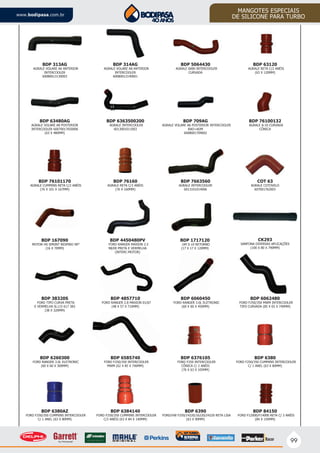 99
www.bodipasa.com.br
MANGOTES ESPECIAIS
DE SILICONE PARA TURBO
BDP 314AG
AGRALE VOLARE A8 ANTERIOR
INTERCOOLER
60080013140001
BDP 63480AG
AGRALE VOLARE A8 POSTERIOR
INTERCOOLER 60070017650006
(63 X 480MM)
BDP 76100132
AGRALE A-10 CURVADA
CÔNICA
BDP 7663560
AGRALE INTERCOOLER
6013101014006
COT 63
AGRALE COTOVELO
607001762003
BDP 5064430
AGRALE 6000 INTERCOOLER
CURVADA
BDP 6363500200
AGRALE INTERCOOLER
6013001011003
BDP 76101170
AGRALE CUMMINS RETA C/2 ANÉIS
(76 X 101 X 167MM)
BDP 313AG
AGRALE VOLARE A6 ANTERIOR
INTERCOOLER
60080013130003
BDP 63120
AGRALE RETA C/2 ANÉIS
(63 X 120MM)
BDP 709AG
AGRALE VOLARE A6 POSTERIOR INTERCOOLER
RAD>ADM
6008001709002
BDP 76160
AGRALE RETA C/3 ANÉIS
(76 X 160MM)
BDP 167090
MOTOR HS SPRINT RESPIRO 90°
(16 X 70MM)
BDP 4857710
FORD RANGER 2.8 MAXION 01/07
(48 X 57 X 710MM)
BDP 6260300
FORD RANGER 3.0L ELETRONIC
(60 X 60 X 300MM)
BDP 6060450
FORD RANGER 3.0L ELETRONIC
(60 X 60 X 450MM)
BDP 6585740
FORD F250/350 INTERCOOLER
MWM (62 X 85 X 740MM)
BDP 38320S
FORD TIPO CURVA PRETA
E VERMELHA SL115 617 383
(38 X 320MM)
BDP 6062480
FORD F250/350 MWM INTERCOOLER
TIPO CURVADA (85 X 65 X 740MM)
BDP 6376105
FORD F250 INTERCOOLER
CÔNICA C/ 2 ANÉIS
(76 X 63 X 105MM)
BDP 6380
FORD F250/350 CUMMINS INTERCOOLER
C/ 1 ANEL (63 X 80MM)
BDP 6380AZ
FORD F250/350 CUMMINS INTERCOOLER
C/ 1 ANEL (63 X 80MM)
BDP 6390
FORD/VW F250/14220/16220/24220 RETA LISA
(63 X 90MM)
BDP 6384140
FORD F250/350 CUMMINS INTERCOOLER
C/3 ANÉIS (63 X 84 X 140MM)
BDP 84150
FORD F12000/F14000 RETA C/ 3 ANÉIS
(84 X 150MM)
CK293
SANFONA DIVERSAS APLICAÇÕES
(100 X 80 X 790MM)
BDP 4450480PV
FORD RANGER MAXION 2.5
98/00 PRETA E VERMELHA
(INTERC-MOTOR)
BDP 1717120
GM S-10 RETORNO
(17 X 17 X 120MM)
 