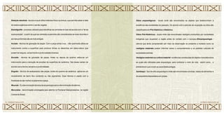 Datação absoluta - técnica a qual utiliza métodos físico-químicos, que permite saber a data
de restos orgânicos como o carvão vegetal.
Estratigrafia - processo utilizado para identificar as camadas do solo de acordo com a “lei da
superposição”, a partir da qual as camadas superiores são consideradas as mais recentes e
as mais profundas são as mais antigas.
Incisão - técnica de gravação de peças. Com a peça ainda crua, , não queimada utiliza-se
instrumento contra a superfície para produzir linhas ou desenhos em baixo-relevo que
podem ter largura, comprimento e profundidade diversos.
Excisão - técnica de gravação de peças. Antes ou depois da queima utiliza-se um
instrumento para a remoção de porções da superfície da cerâmica. Tais áreas variam de
acordo com a forma, tamanho e profundidade.
Engobo - técnica de acabamento das peças. Antes da queima da cerâmica aplica-se um
revestimento de barro fino contendo ou não pigmentos. Essa técnica é usada com a
finalidade de dar melhor acabamento à peça.
Mounds - É a denominação técnica da arqueologia para a denominação de aterros.
Murundus - denominação empregada para aterros no Pantanal Matogrossense, na região
Central do Brasil.
Sítios arqueológicos - locais onde são encontrados os objetos que testemunham a
existência das sociedades do passado. De acordo com o período de ocupação os sítios são
classificados em Pré-Histórico e Histórico.
Sítios Pré-Históricos - locais onde são encontrados vestígios produzidos por sociedades
indígenas que ocuparam a região antes do contato com o europeu.Etnoarqueologia -
ciência que tenta compreender por meio da observação do presente a maneira como os
vestígios materiais podem informar sobre o comportamento e os padrões culturais de
sociedades extintas.
Vestígios materiais ou cultura material - evidências constituídas de objetos manufaturados
as quais são utilizadas pela arqueologia, para conhecer o meio de vida, assim como, o
ambiente em que viviam as sociedades antigas.
Sambaqui - tipo de sítio arqueológico onde são encontradas conchas, restos de alimentos e
de esqueletos depositados em praias.
CERÂMICA MARAJOARA • 92
91 • CERÂMICA MARAJOARA
 