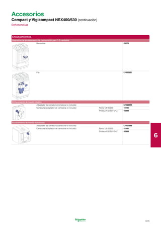 Accesorios

Compact y Vigicompact NSX400/630 (continuación)
Referencias
Enclavamientos

Dispositivo de enclavamiento de conmutación para 1-3 candados

Removible 29370
Fijo LV432631
Enclavamiento de mando rotativo
Adaptador de cerradura (cerradura no incluida)
Cerradura (adaptador de cerradura no incluido) Ronis 1351B.500
Profalux KS5 B24 D4Z
LV432604
41940
42888
Enclavamiento de mando motorizado
Adaptador de cerradura (cerradura no incluida)
Cerradura (adaptador de cerradura no incluido) Ronis 1351B.500
Profalux KS5 B24 D4Z
LV432649
41940
42888
6
6/45
 