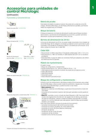 1
TEST
1
Accesorios para unidades de
control Micrologic
(continuación)
Funciones y características
Batería de prueba (Ref. LV434206).
Bloque de baterías (Ref. 54446).
Bornera de alimentación Cable NSX U > 480 V
de 24 Vcc (Ref. LV434210). (Ref. LV434204).
Maletín de mantenimiento (Ref. TRV00910).
Bloque de configuración y mantenimiento (Ref. TRV00911).
30
Visualizador
Conector de prueba
Batería de prueba
Esta batería de bolsillo se acopla al conector de prueba de la unidad de control Mi­
crologic. Alimenta la Micrologic y el LED Ready, alimentando la pantalla y permitiendo
realizar las regulaciones con el teclado.
Bloque de batería
El bloque de batería es una fuente de alimentación auxiliar para el bloque de alimen­
tación externa. Las tensiones de entrada/salida son de 24 Vcc y pueden suministrar
alimentación durante aproximadamente 3 horas (100 mA).
Bornera de alimentación de 24 Vcc
La bornera de alimentación de 24 Vcc se puede instalar únicamente en las unidades de
control Micrologic 5/6. Es obligatorio encender la unidad de control cuando ésta no esté
conectada a una pantalla de visualización FDM121 o al sistema de comunicación. Si se
utiliza, excluye la conexión de un cable NSX.
Cable NSX
•	Para la tensión U y 480 V, disponible en 3 longitudes prefabricadas: 0,35 m, 1,3 m y 3 m.
•	Para tensiones U > 480 V, se necesita un cable especial de 0,35 m con un accesorio
de aislación.
•	Está disponible un juego de cables con conectores RJ45 para adaptarse a las diferen-
tes distancias entre los aparatos.
Maletín de mantenimiento
El maletín incluye:
•	bloque de configuración y mantenimiento
•	fuente de alimentación (110...220 Vca / 50-60 Hz 24 Vcc - 1 A)
•	cable especial para la conexión al conector de prueba de la unidad de control
•	cable USB estándar
•	cable RJ45 estándar
•	manual del usuario
•	enlace Bluetooth opcional (a la pc).
Bloque de configuración y mantenimiento
Incluido en el kit de mantenimiento, este bloque prueba el funcionamiento de la unidad
de control Micrologic y ofrece acceso a todos los parámetros y regulaciones. Se acopla
al conector de prueba Micrologic y puede funcionar en dos modos.
•	Modo autónomo para:
•	alimentar la unidad de control Micrologic y supervisar el funcionamiento a través del
LED Ready
•	comprobar el funcionamiento mecánico del interruptor automático (control usando el
pulsador).
•	Modo PC, conectado a una pc a través de enlace Bluetooth o USB. Este modo ofrece
acceso a las regulaciones de protección, las regulaciones de alarma y las lecturas
de todos los indicadores. Usando la utilidad de software asociada RSU, es posible
guardar, en un archivo dedicado para cada aparato, todos los datos que se pueden
transferir a otro aparato.
Este modo ofrece también funciones de prueba de funcionamiento:
•	comprobar la temporización del control (curva de control)
•	comprobar la duración de defecto de control (selectividad)
•	comprobar la función ZSI (Zone Selective Interlocking)
•	simulación de alarmas
•	visualización de las curvas de ajuste
•	visualización de las corrientes
•	impresión de los informes de prueba
Enlace Bluetooth u OUB
110/240 V
Utilización del bloque de mantenimiento y configuración.
1/33
 