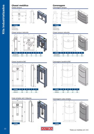 22
KitsIndustrializados
Chassi metálico Carenagem
Código
CAR/TQ1
CAR/TQ1D (dir.)
CAR/TQ1E (esq.)
Código
CAR/CHR1
Carenagem tanque
Carenagem cuba simples
Código
GFTQ/1V
GFTQ/1DV (dir.)
GFTQ/1EV (esq.)
Chassi tanque
Código A B C D E
GFTQ/4DV(dir.)
GFTQ/4EV(esq.)
444,5
444,5
340
340
90
90
342
342
390
390
Chassi tanque reduzido
Código A B C D
GFLVT/1V
GFWCE/1V
650
600
340
340
90
70
550
500
Chassi lavatório/WC
Código
GFCS/1V
Cuba simples sem máquina
Código A B C D E
CAR/TQ4D(dir.)
CAR/TQ4E(esq.)
470
470
360
360
117
117
340
340
389
389
Chassi tanque reduzido
Código A B C D
CAR/LVT1
CAR/WCE
680
620
360
351
119
103
550
500
Carenagem lavatório/WC
Todas as medidas em mm
 