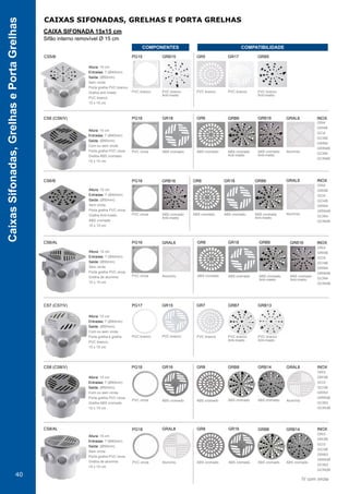 40
CaixasSifonadas,GrelhasePortaGrelhas
CAIXAS SIFONADAS, GRELHAS E PORTA GRELHAS
CAIXA SIFONADA 15x15 cm
Sifão interno removível Ø 15 cm
COMPONENTES COMPATIBILIDADE
Altura: 15 cm
Entradas: 7 (Ø40mm)
Saída: (Ø50mm)
Com ou sem virola
Porta grelha e grelha
PVC branco,
15 x 15 cm
PVC branco PVC branco PVC branco PVC branco
Anti-inseto
PVC branco
Anti-inseto
CS7 (CS7/V) PG17 GR15 GR7 GRB7 GRB13
ABS cromadoPVC cinza
Altura: 15 cm
Entradas: 7 (Ø40mm)
Saída: (Ø50mm)
Com ou sem virola
Porta grelha PVC cinza
Grelha ABS cromado
15 x 15 cm
CS6 (CS6/V) PG16 GR18
ABS cromado AlumínioABS cromado
Anti-inseto
ABS cromado
Anti-inseto
GRI4
GRI4B
GCI4
GCI4B
GRIN4
GRIN4B
GCIN4
GCIN4B
GR6 GRB6 GRB16 GRAL6 INOX
ABS cromadoPVC cinza
Altura: 15 cm
Entradas: 7 (Ø40mm)
Saída: (Ø50mm)
Sem virola
Porta grelha PVC cinza
Grelha Anti-inseto
ABS cromado
15 x 15 cm
CS6/B PG16 GR18
ABS cromado AlumínioABS cromado
Anti-inseto
ABS cromado
Anti-inseto
GRI4
GRI4B
GCI4
GCI4B
GRIN4
GRIN4B
GCIN4
GCIN4B
GR6 GRB6GRB16 GRAL6 INOX
ABS cromadoPVC cinza
Altura: 15 cm
Entradas: 7 (Ø40mm)
Saída: (Ø50mm)
Sem virola
Porta grelha PVC cinza
Grelha de alumínio
15 x 15 cm
CS6/AL PG16 GR18
ABS cromadoAlumínio ABS cromado
Anti-inseto
ABS cromado
Anti-inseto
GRI4
GRI4B
GCI4
GCI4B
GRIN4
GRIN4B
GCIN4
GCIN4B
GR6 GRB6 GRB16GRAL6 INOX
PVC branco
Anti-inseto
PVC branco PVC branco
Altura: 15 cm
Entradas: 7 (Ø40mm)
Saída: (Ø50mm)
Sem virola
Porta grelha PVC branco
Grelha anti inseto
PVC branco
15 x 15 cm
CS5/B
PVC branco
Anti-inseto
PVC branco
PG15 GRB15 GR5 GR17 GRB5
/V com virola
CS8 (CS8/V) GR16 GR8 GRB8 GRB14 GRAL8 INOX
INOX
PVC cinza ABS cromado ABS cromado ABS cromado ABS cromado Alumínio
Altura: 15 cm
Entradas: 7 (Ø40mm)
Saída: (Ø50mm)
Com ou sem virola
Porta grelha PVC cinza
Grelha ABS cromado
15 x 15 cm
GRI3
GRI3B
GCI3
GCI3B
GRIN3
GRIN3B
GCIN3
GCIN3B
GRI3
GRI3B
GCI3
GCI3B
GRIN3
GRIN3B
GCIN3
GCIN3B
PG18
CS8/AL GR16GR8 GRB8 GRB14GRAL8
PVC cinza ABS cromadoABS cromado ABS cromado ABS cromadoAlumínio
Altura: 15 cm
Entradas: 7 (Ø40mm)
Saída: (Ø50mm)
Sem virola
Porta grelha PVC cinza
Grelha de alumínio
15 x 15 cm
PG18
 