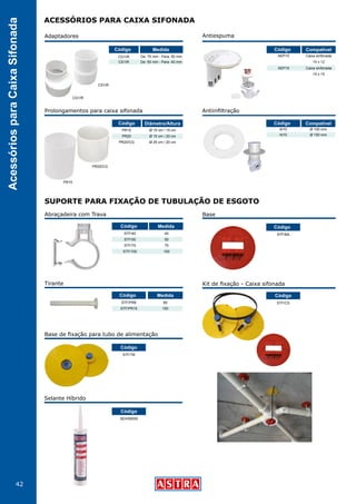 42
AcessóriosparaCaixaSifonada
ACESSÓRIOS PARA CAIXA SIFONADA
Código Compatível
AEP10
AEP15
Caixa sinfonada
10 x 12
Caixa sinfonada
15 x 15
AntiespumaAdaptadores
CG1/R
CS1/R
Código Medida	
CG1/R
CS1/R De: 50 mm - Para: 40 mm
De: 75 mm - Para: 50 mm
Código Compatível
AI10
AI15
Ø 100 mm
Ø 150 mm
Antiinfiltração
Código Diâmetro/Altura
PR15
PR20
PR20/CG
Ø 15 cm / 15 cm
Ø 15 cm / 20 cm
Ø 25 cm / 20 cm
Prolongamentos para caixa sifonada
PR20/CG
PR15
SUPORTE PARA FIXAÇÃO DE TUBULAÇÃO DE ESGOTO
40
50
75
100
Abraçadeira com Trava
STF/40
STF/50
STF/75
STF/100
Código Medida
Base
Kit de fixação - Caixa sifonada
Base de fixação para tubo de alimentação
Selante Híbrido
STF/BA
STF/CS
STF/TB
SEH/MS55
Código
Código
Código
Código
80
150
Medida
Tirante
STF/PR8
STF/PR15
Código
 