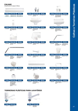 47
CalhaseTorneirasPlásticas
7,5 cm 10 cm
CALHAS
TORNEIRAS PLÁSTICAS PARA LAVATÓRIO
CAL/CK Calhas em PVC 300x11,9x8,4 cm
100x11,9x8,4 cmCalhas em PVCCAL/CK1
Código MedidaDescrição
CAL/B100 CAL/BOCCAL/EMS
CAL/ESQI
CAL/SUPT
CAL/CN
CAL/AF CAL/JOL
TL1 TL3
CAL/JOF
CAL/CDT CAL/ABC
CAL/SU CAL/AD
CAL/ESQE CAL/SUPR
Bocal de saída
Ø 100mm em
PVC.
Bocal de saída
para condutor ou
tubo Ø 75 mm em
PVC.
Emenda da calha
sem vedação em
PVC.
Esquadro interno
em PVC.
Suporte
prolongador
torcido em
alumínio.
Conector do
condutor em
PVC.
Anti-folhas para
bocais de saída,
com diagonais
ou diâmetros
entre 70 à 110mm
em PP.
Joelho lateral
do condutor 120º
em PVC.
Rosca Ø ½”. Bica longa.
Rosca Ø ½”.
Joelho frontal do
condutor 120º em
PVC.
Condutor em
PVC.
Abraçadeira em
PVC.
Suporte (fixador)
em PVC.
Adaptador do
condutor para
conexões de Ø 75
mm em PVC.
Esquadro externo
em PVC.
Suporte
prolongador reto
em alumínio.
26x13,7x18,1 cm 23x13,7x15,7 cm5,7x11,9x8,8 cm
16,2x16,2x9 cm
32,9x1,9x11,6 cm
(incluso parafuso
de fixação)
8,3x6,2x5,5 cm
Ø 12x13,5 mm 5,8x11,5x12 cm 9,5x7,8x10,1 cm
300x8x6 cm 8,3x5,5x2,1 cm
12,2x2,6x4 cm 8,3x6,2x11,5 cm
18,2x18,2x9 cm 17,9x1,9x11 cm
(incluso parafuso
de fixação)
Código CódigoCódigo
Código
Código
Código
Código Código
Código Código
Código
Código Código
Código Código
Código Código
Medida MedidaMedida
Medida
Medida
Medida
Medida Medida Medida
Medida Medida
Medida Medida
Medida Medida
Descrição DescriçãoDescrição
Descrição
Descrição
Descrição
Descrição Descrição
Descrição Descrição
Descrição
Descrição Descrição
Descrição Descrição
Descrição Descrição
CAL/CAB CAL/EMCCabeceira (par)
em PVC.
Emenda da calha
com vedação (2
peças) em PVC.
2,7x12,2x9,1 cm 5,7x11,9x8,8 cm
Código CódigoMedida MedidaDescrição Descrição
Comprimento X Largura X Altura
 